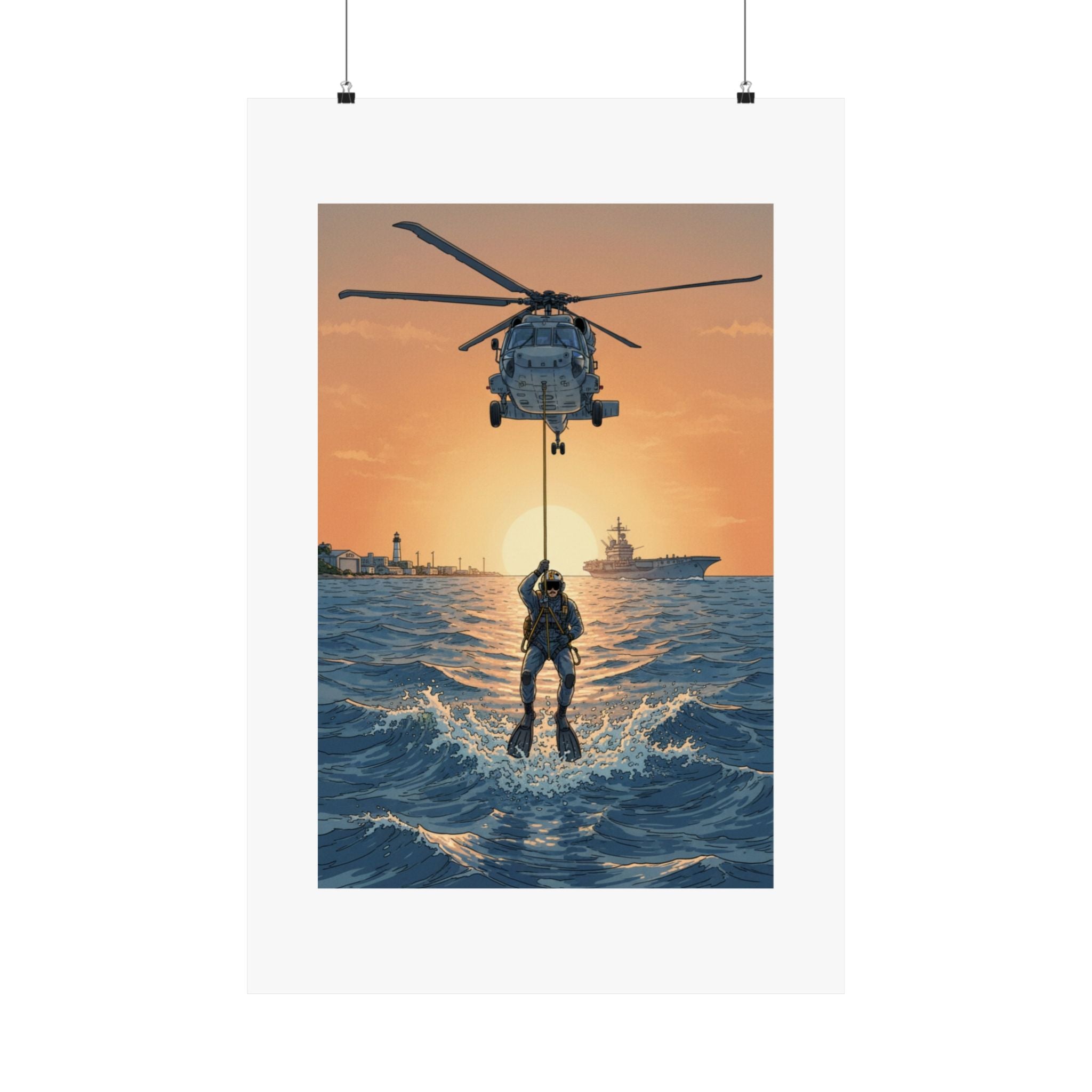 Matte Poster — Navy Rescue Helicopter at Sunset (Vertical)