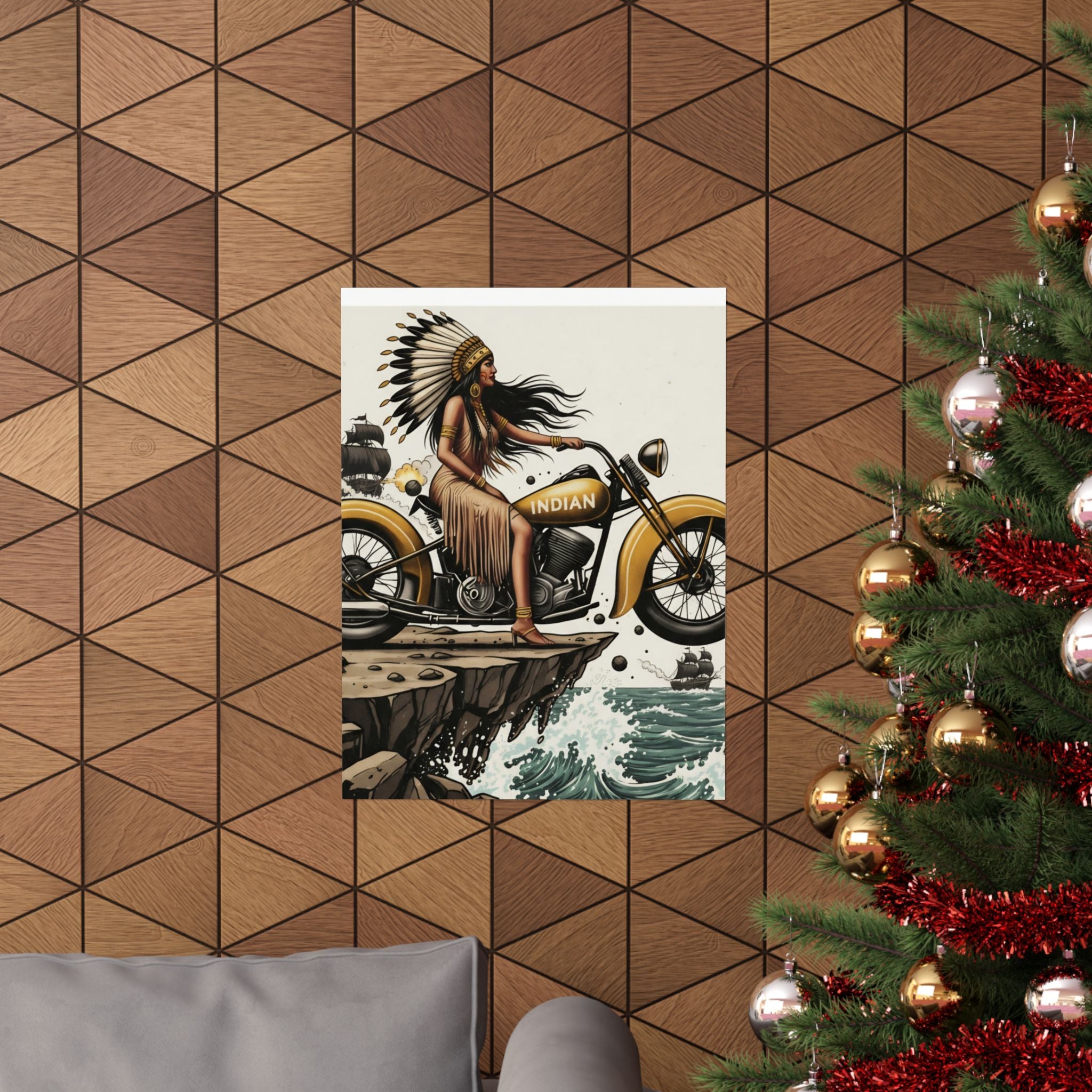 Vintage Indian Motorcycle Poster — Native Rider Matte Vertical Art Print