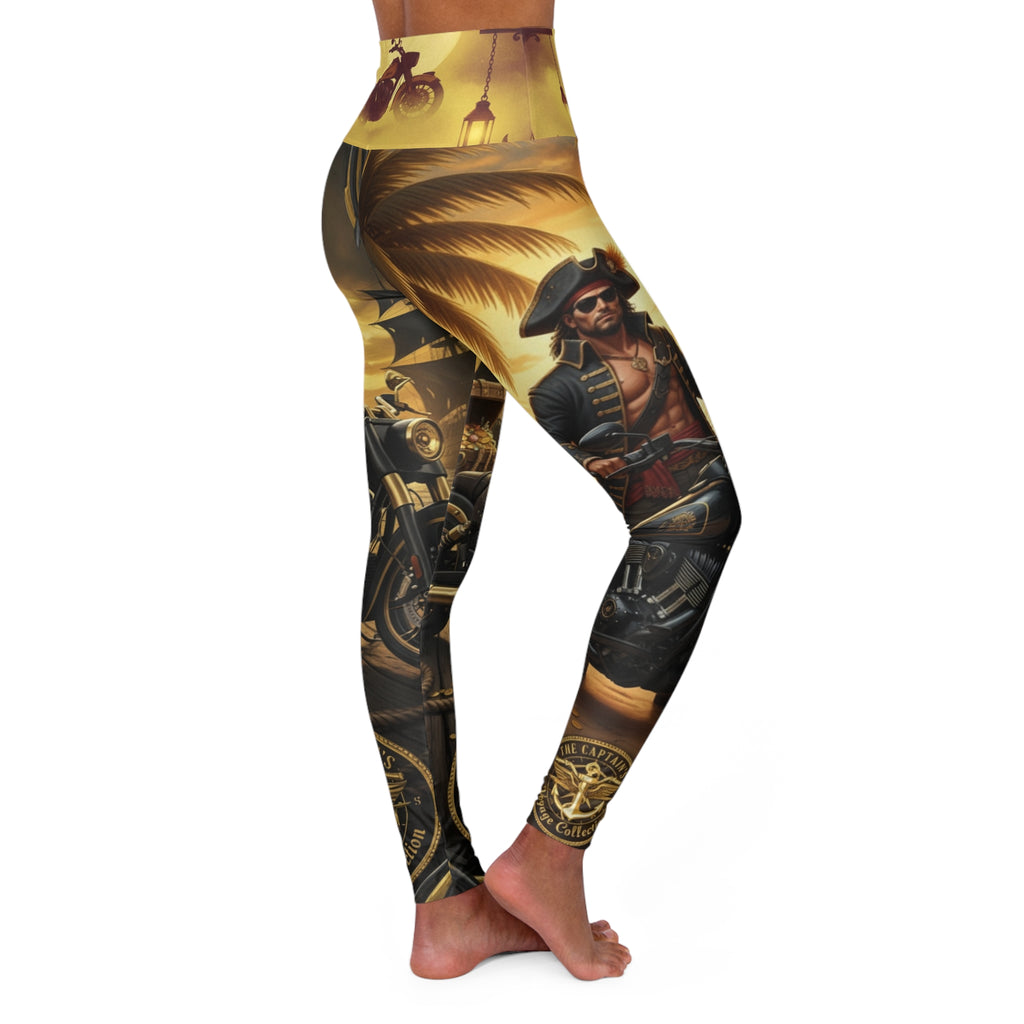 High-Waisted Yoga Leggings — Vintage Pirate & Motorcycle Sunset Print