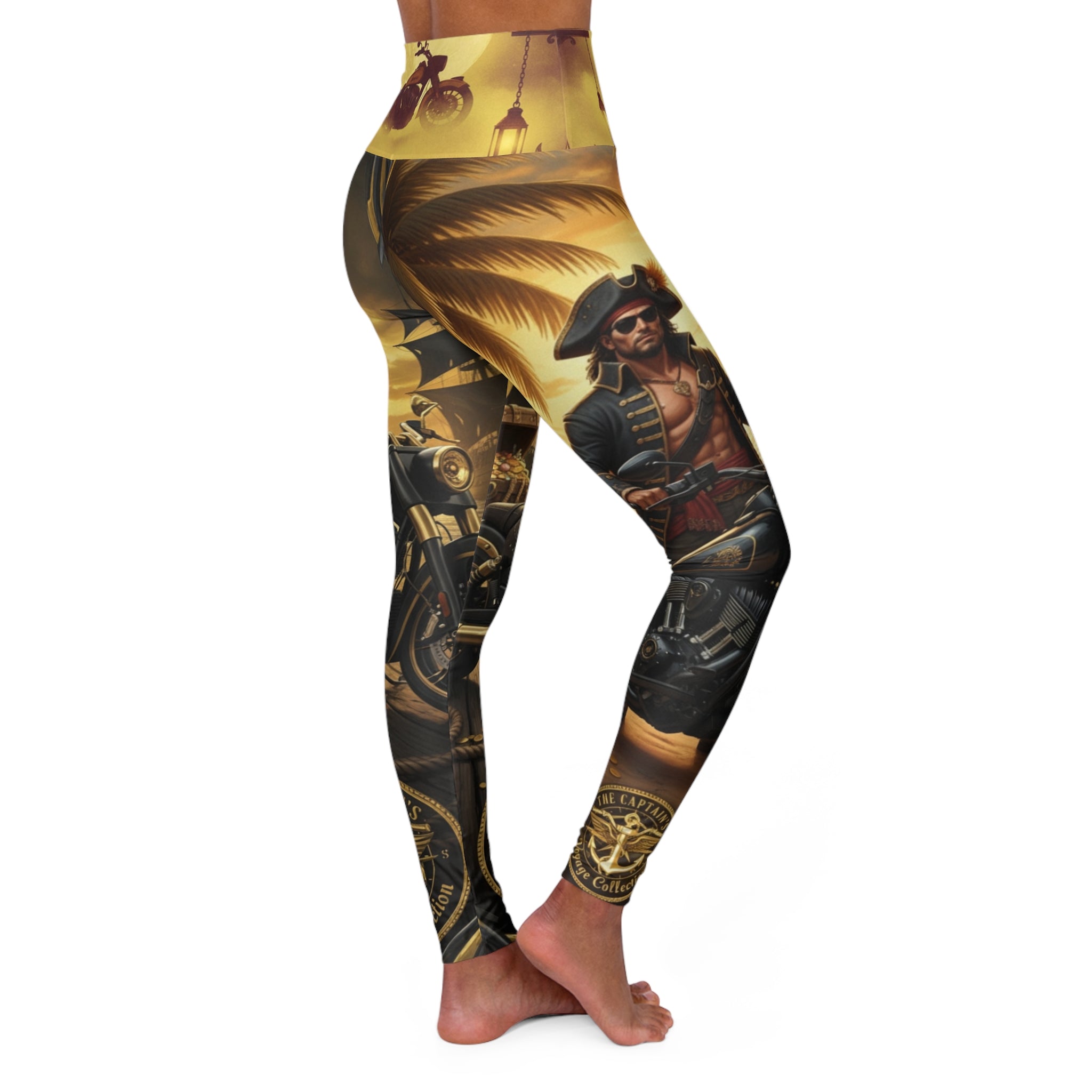 High-Waisted Yoga Leggings — Vintage Pirate & Motorcycle Sunset Print