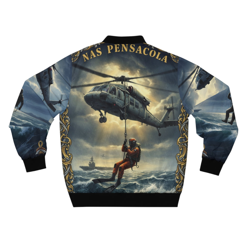 NAS Pensacola Military Bomber Jacket — Rescue Helicopter & Fighter Jet Design
