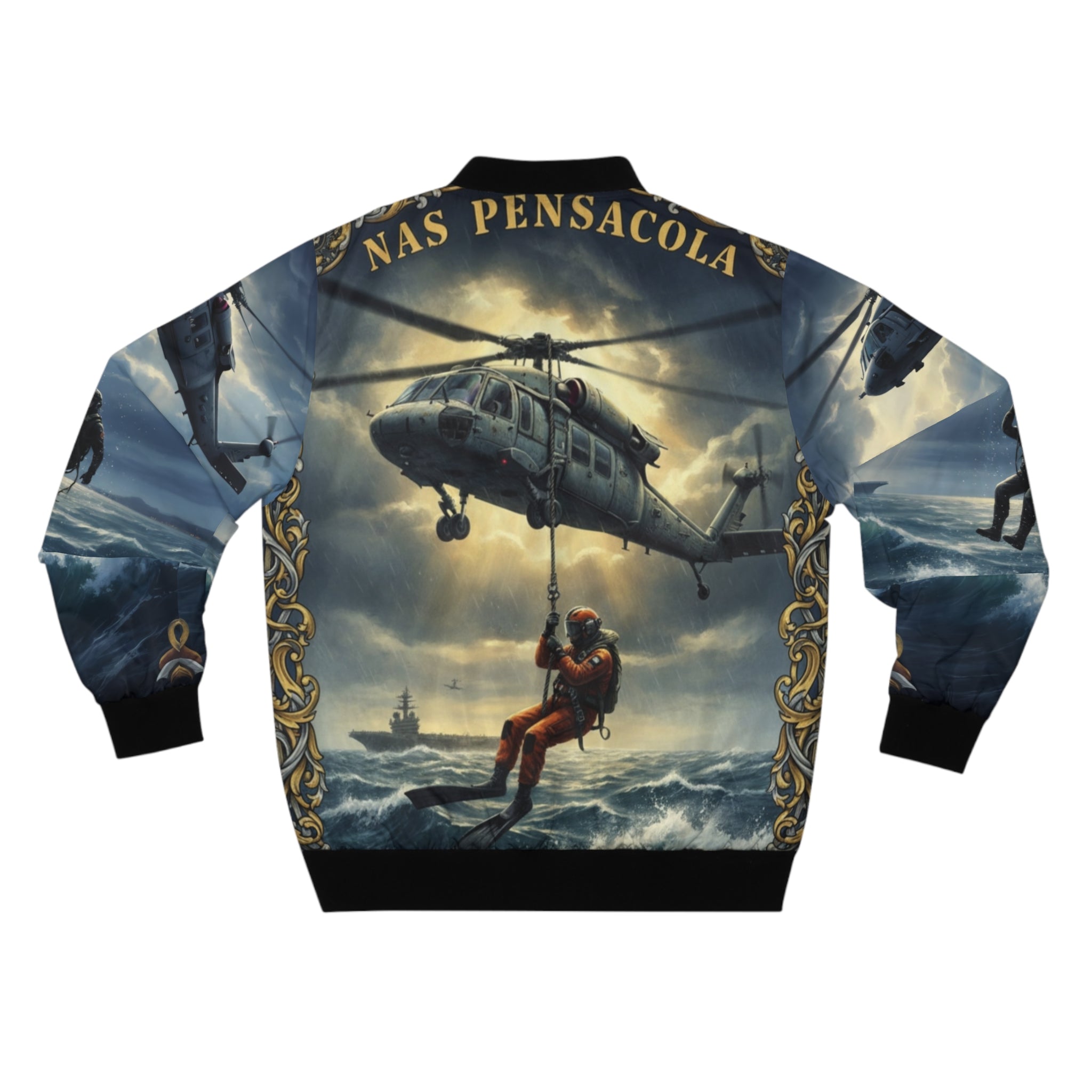NAS Pensacola Military Bomber Jacket — Rescue Helicopter & Fighter Jet Design