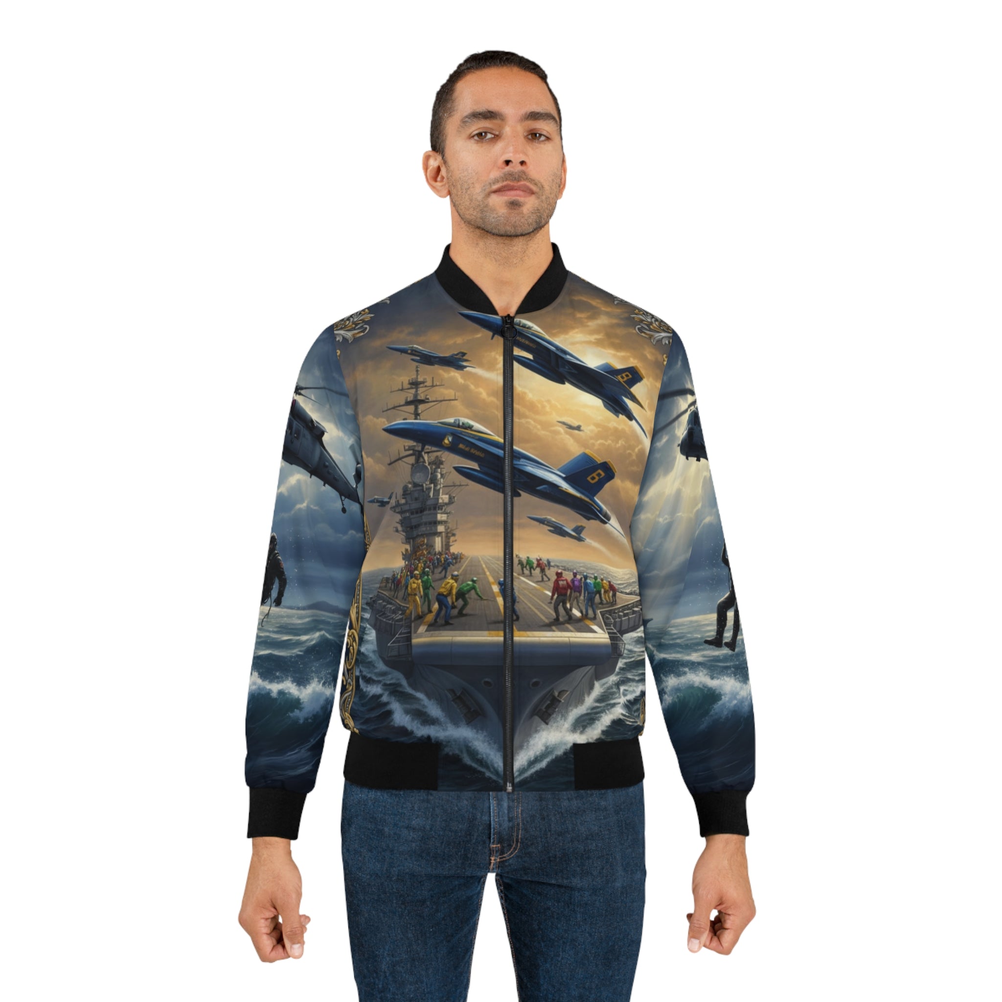 NAS Pensacola Military Bomber Jacket — Rescue Helicopter & Fighter Jet Design
