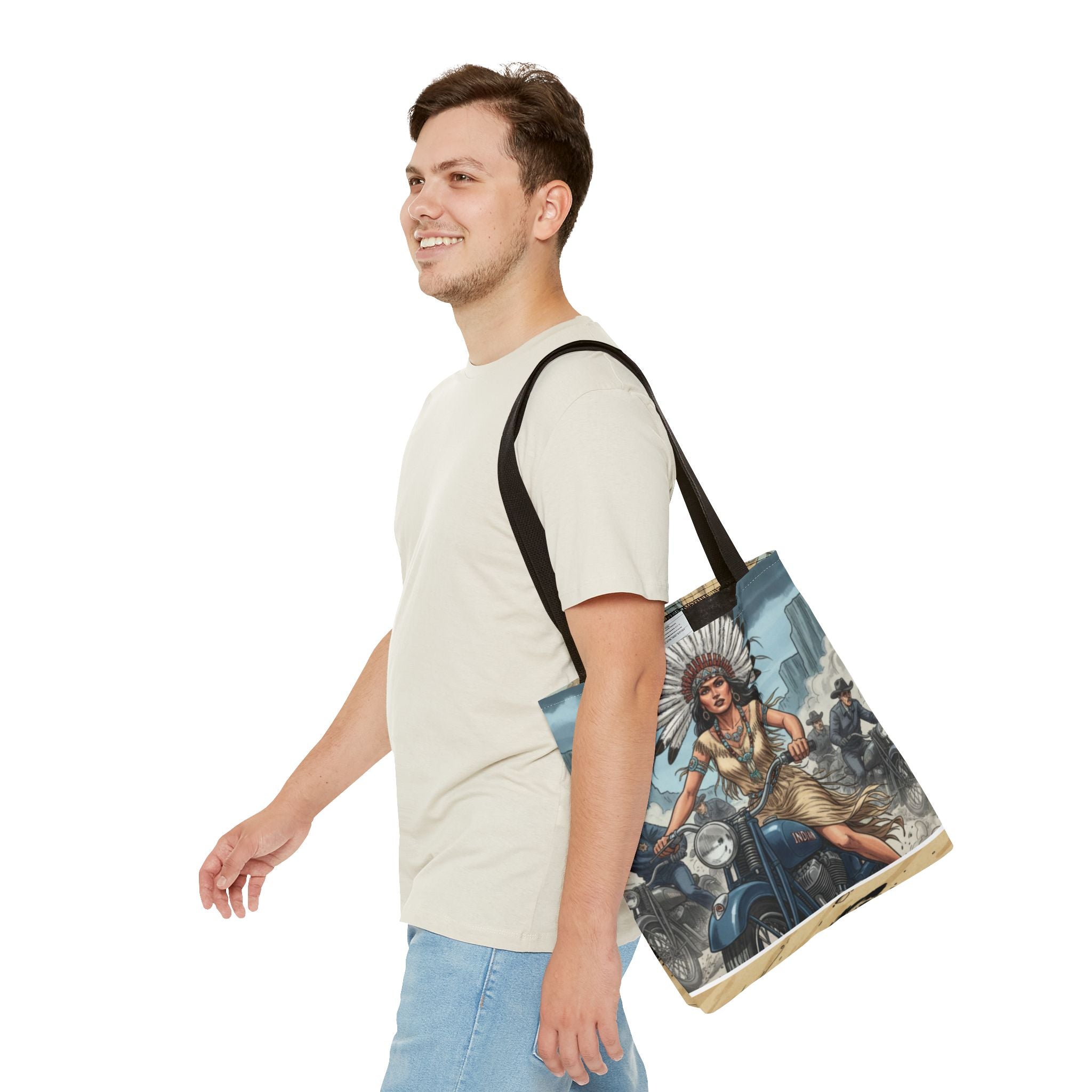 Vintage Biker Tote Bag — Motorcycle Pinup with Headdress