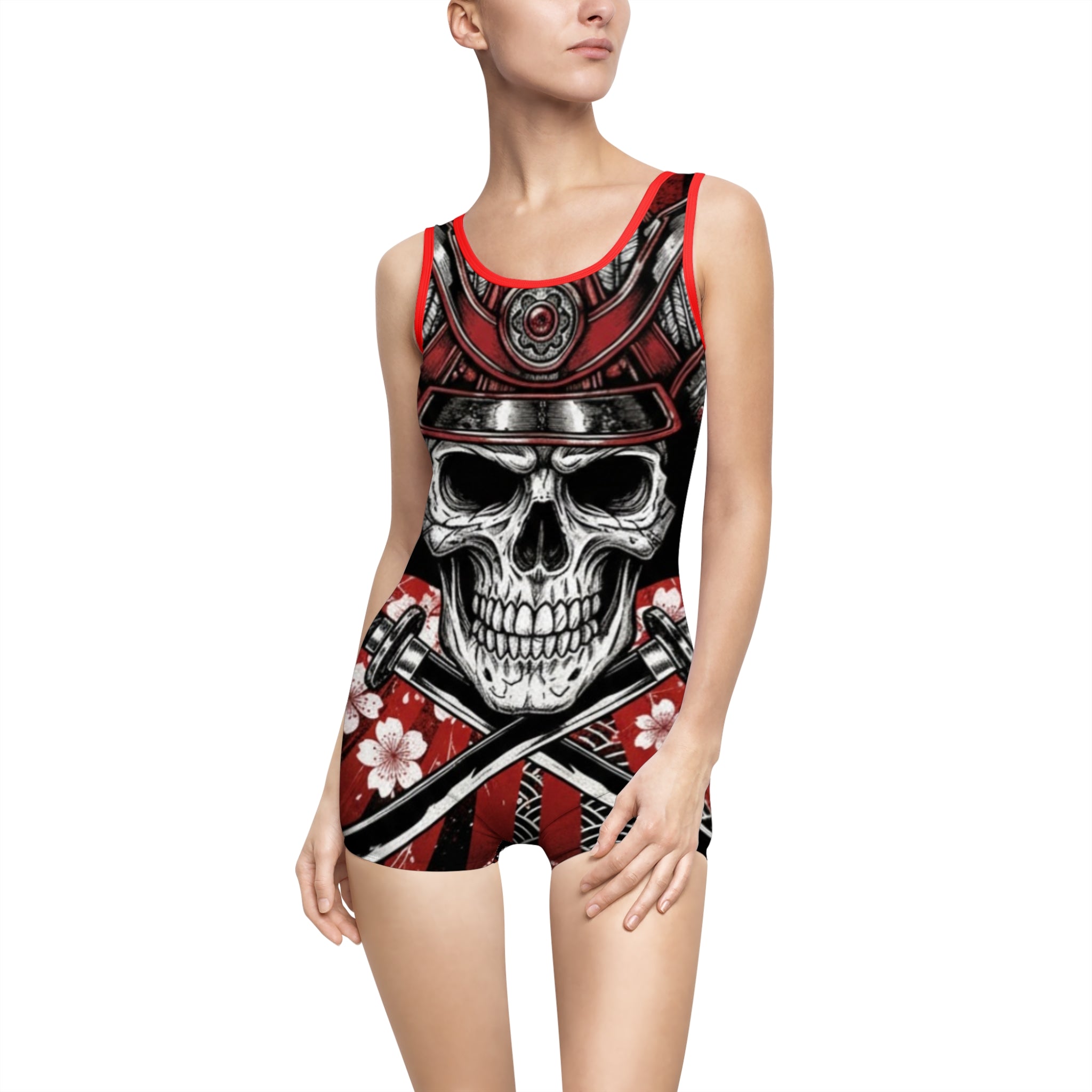 Skull Samurai One-Piece Swimsuit – Vintage Red Floral AOP
