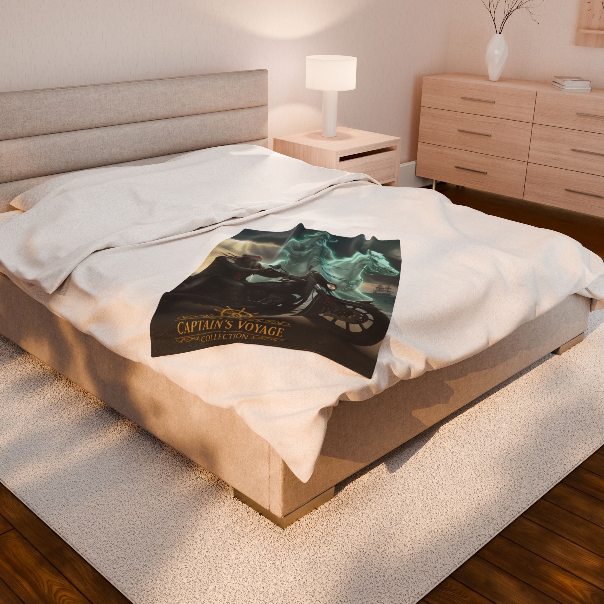 Captain's Voyage Velveteen Plush Blanket — Ghost Pirate Motorcycle Design