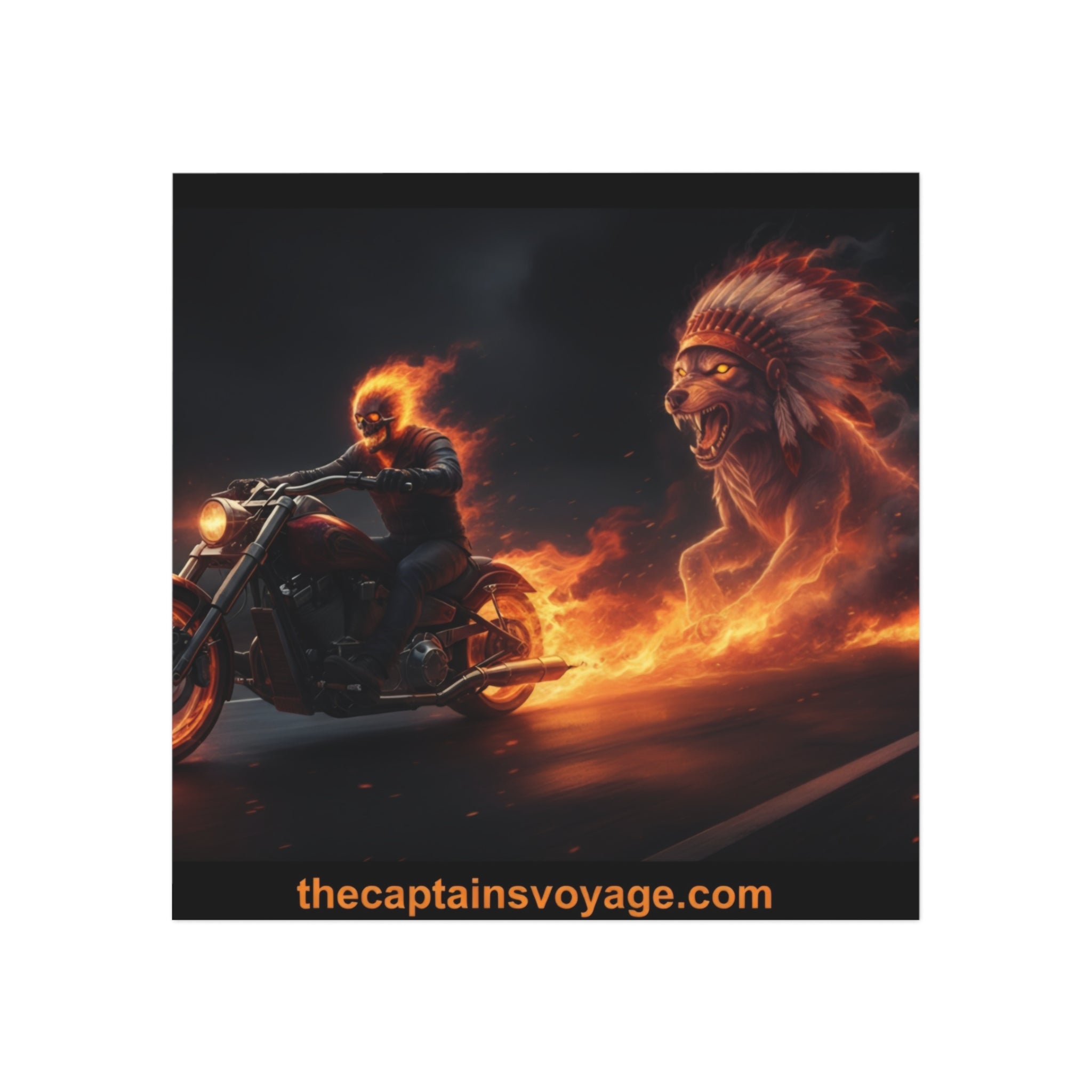 Flaming Biker & Spirit Chief Square Magnet — Motorcycle Ghost Rider Wall/Fridge Decor