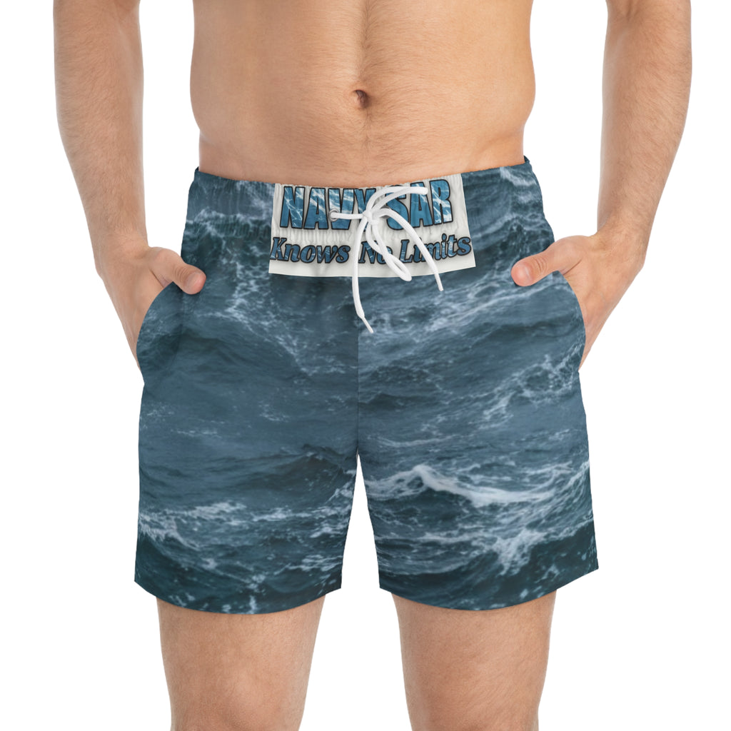 Ocean Wave Swim Trunks — All-Over Print 'Navy Sea Knows No Limits'