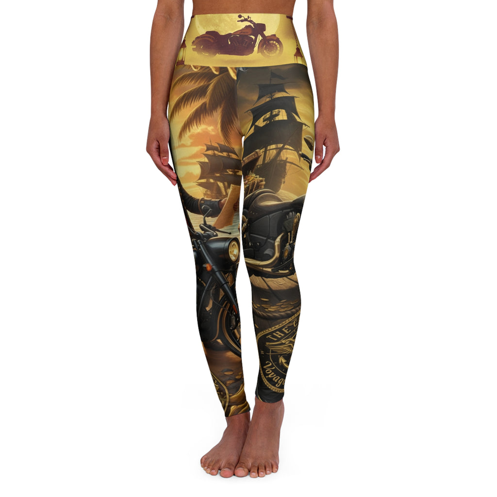 High-Waisted Yoga Leggings — Vintage Pirate & Motorcycle Sunset Print