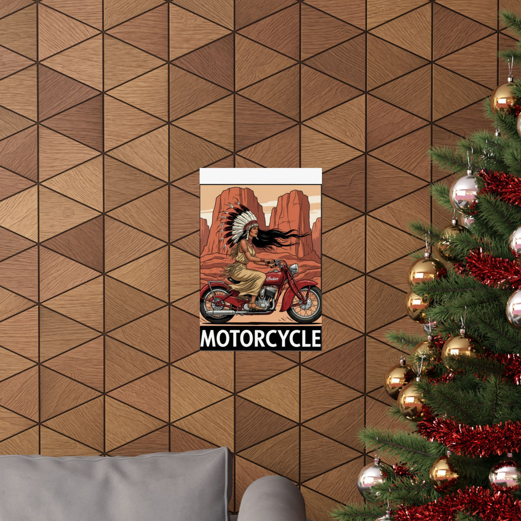 Motorcycle Vintage Poster — Native Woman on Red Indian Bike Matte Vertical Art Print