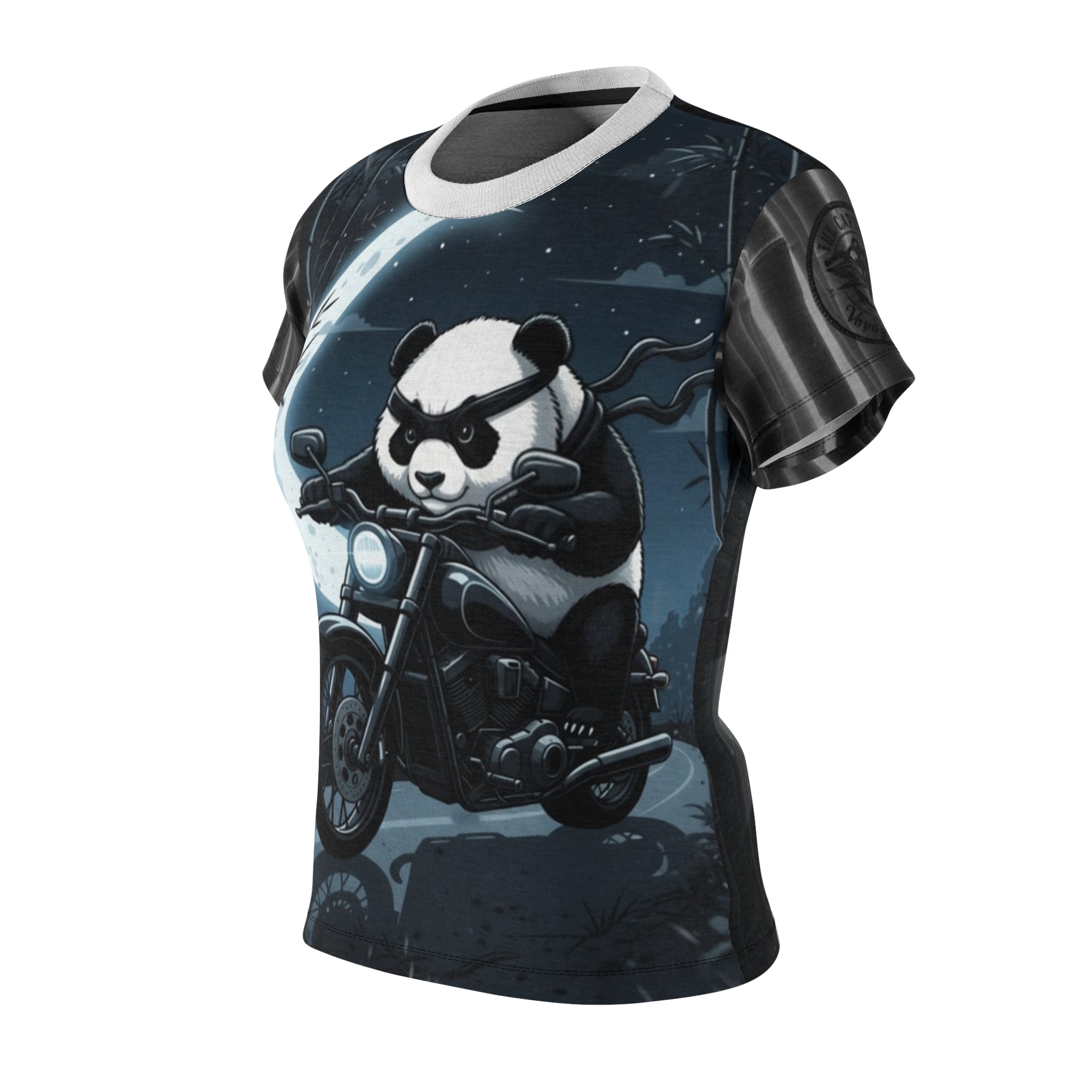 Panda Biker Women's Tee — Moonlit Motorcycle Graphic All-Over Print