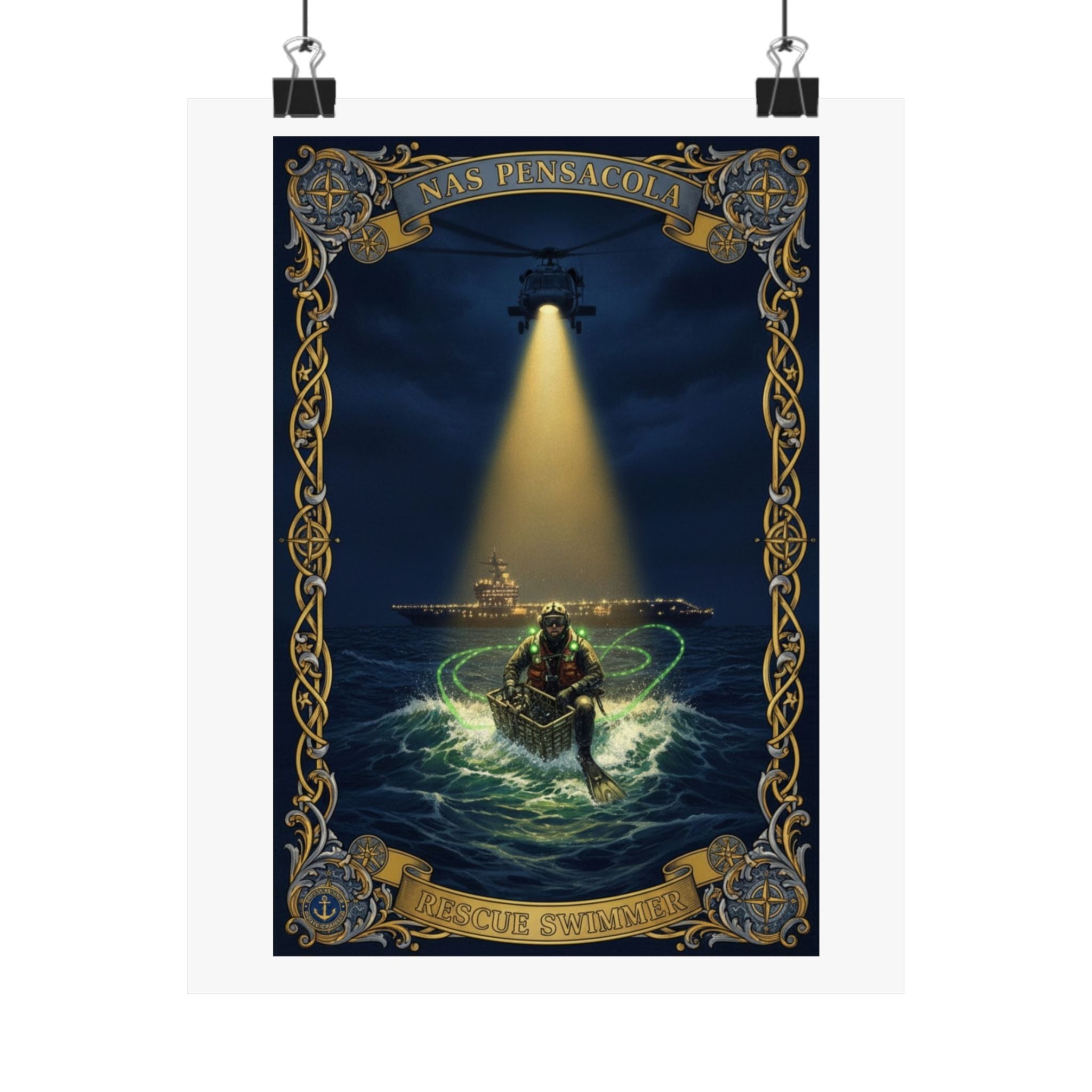 Nautical Rescue Matte Poster — Lighthouse Search & Shipwreck Scene
