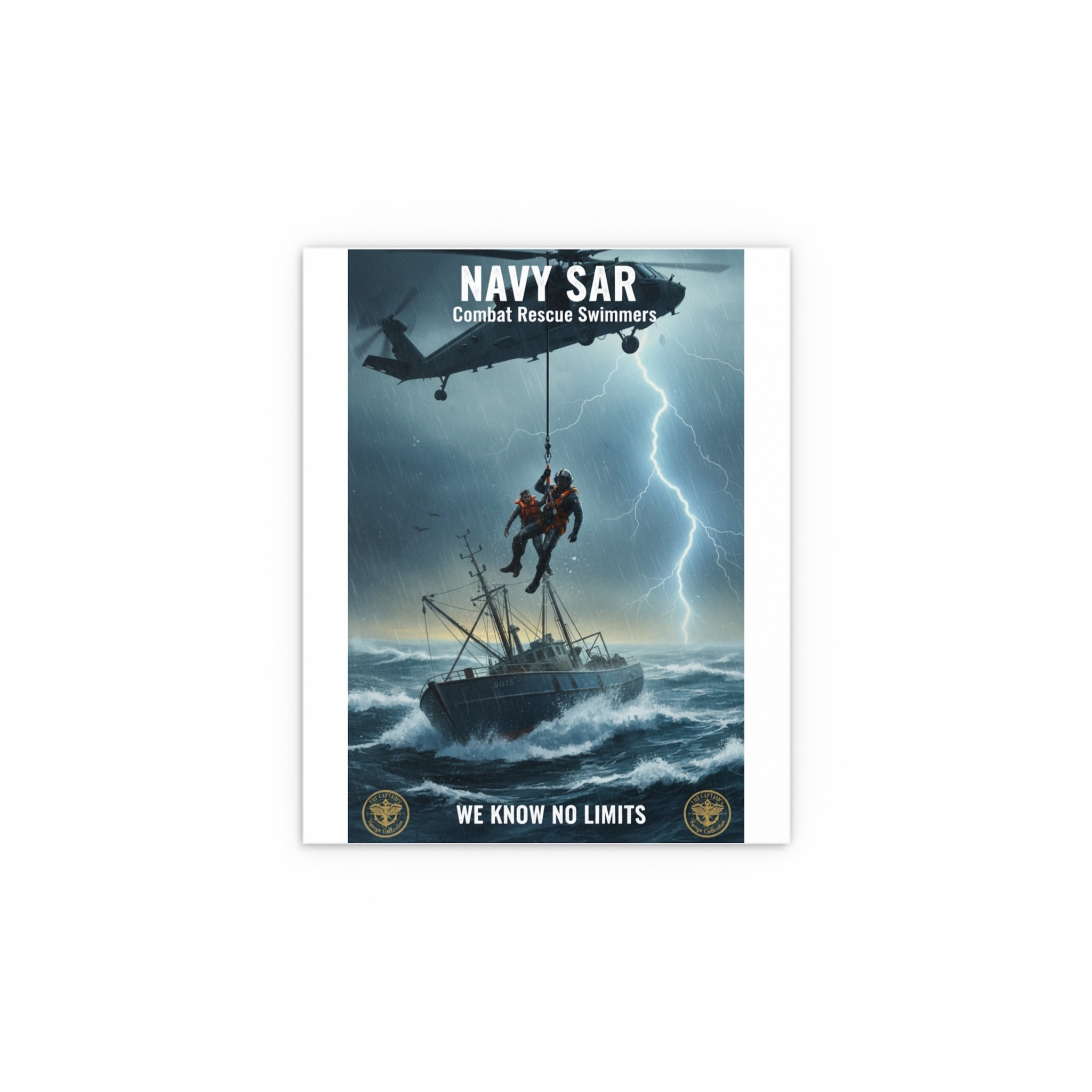 Rescue at Sea Silk Poster — Storm Helicopter Lifesaver Wall Art (Indoor/Outdoor)