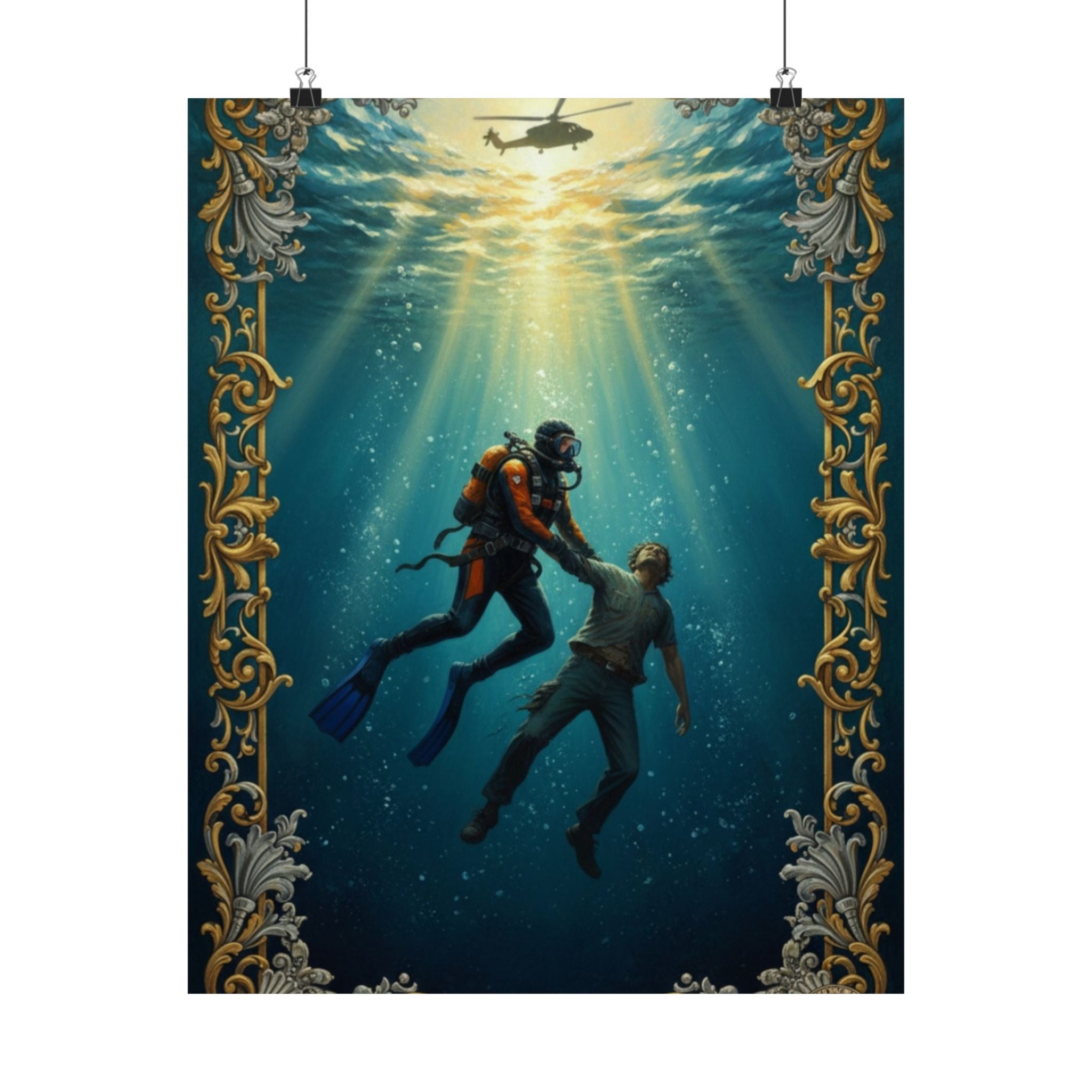 Underwater Rescue Poster — Diver & Child Matte Vertical Art Print