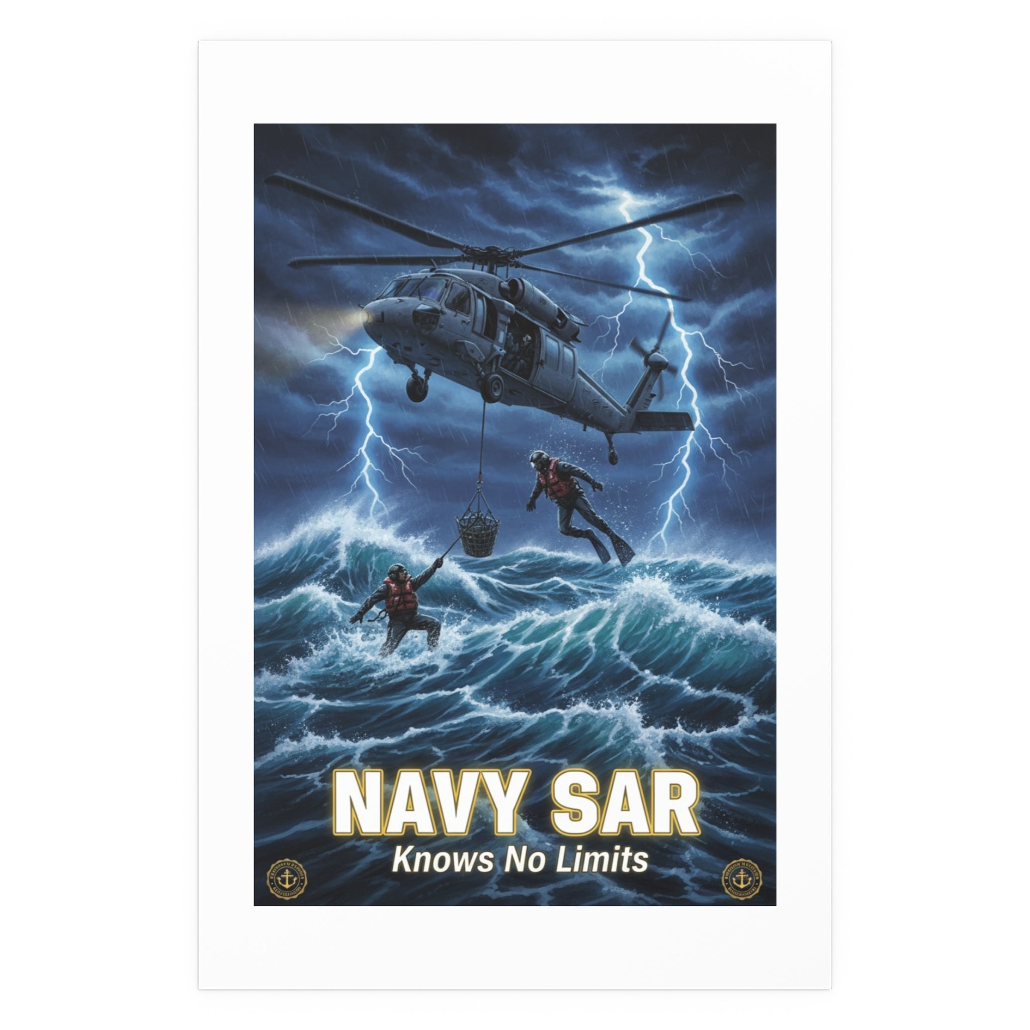 Navy SAR Silk Poster — "Knows No Limits" Rescue Helicopter Art (Indoor/Outdoor)