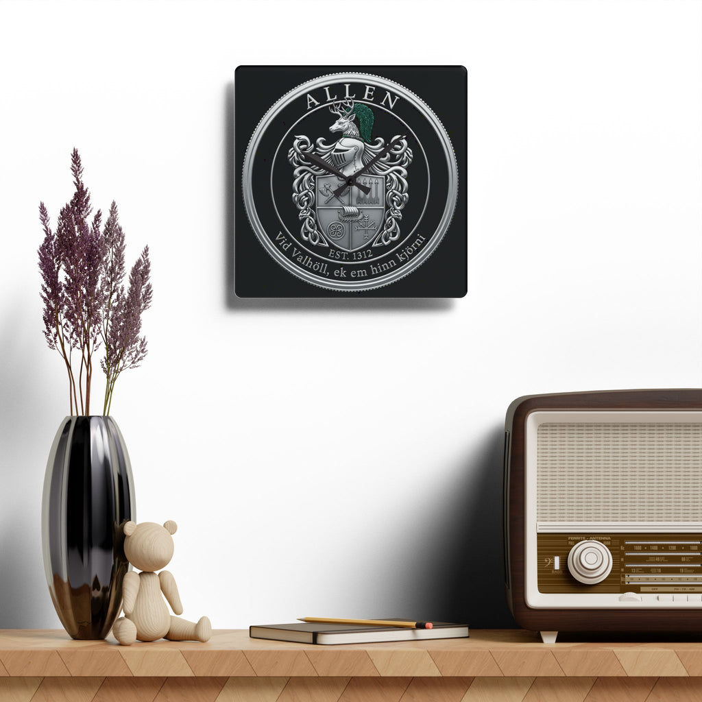 Allen Family Crest Acrylic Wall Clock — Personalized Celtic Coat of Arms Decor