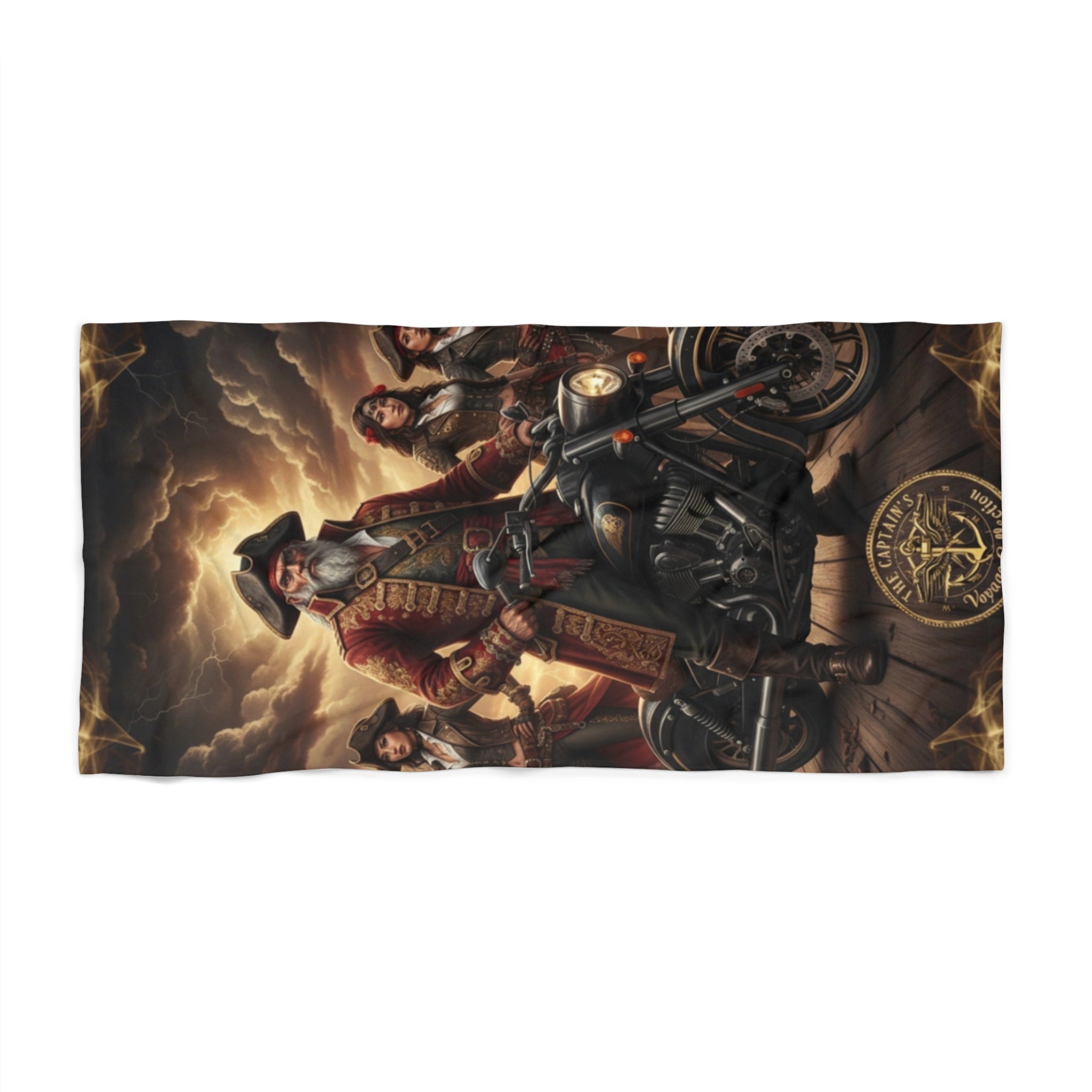 Pirate Crew Motorcycle Beach Towel — Vintage Nautical Captain Artwork