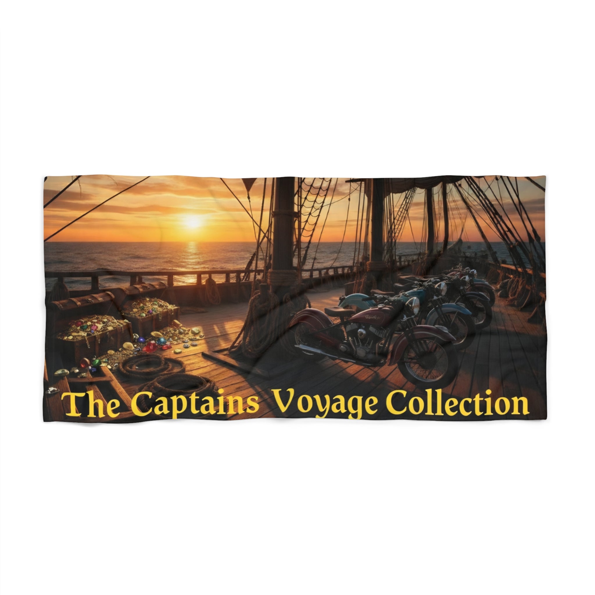 Captain's Voyage Beach Towel — Nautical Sunset Ship Deck Design