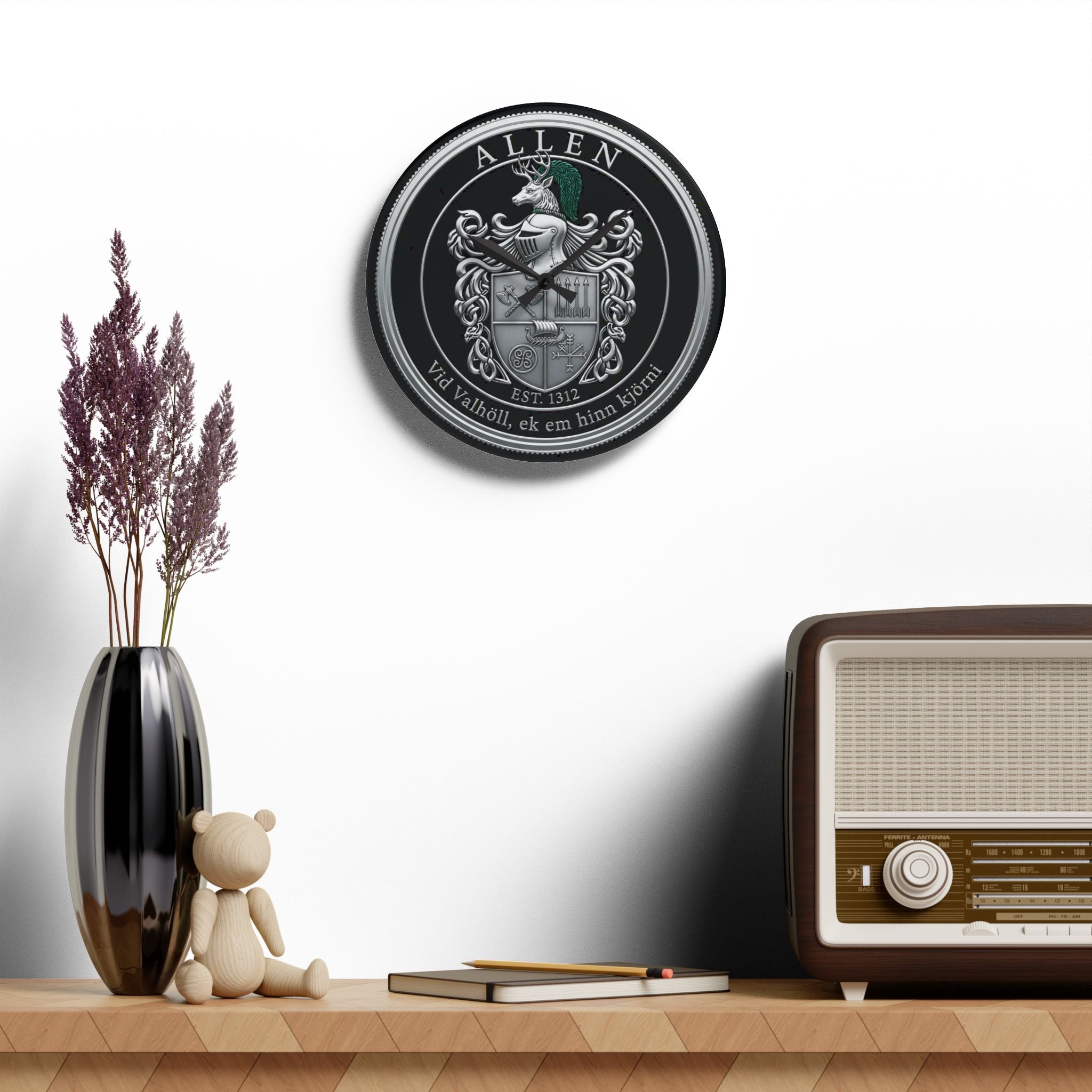 Allen Family Crest Acrylic Wall Clock — Personalized Celtic Coat of Arms Decor