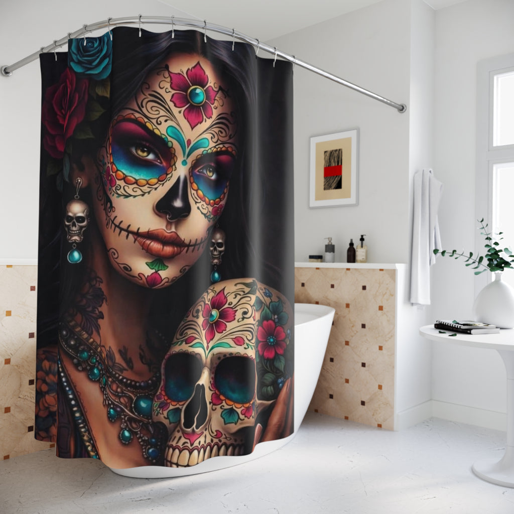 Day of the Dead Sugar Skull Shower Curtain – Floral Catrina Bathroom Decor
