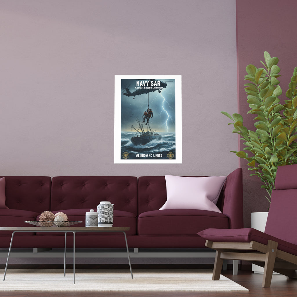 Rescue at Sea Silk Poster — Storm Helicopter Lifesaver Wall Art (Indoor/Outdoor)