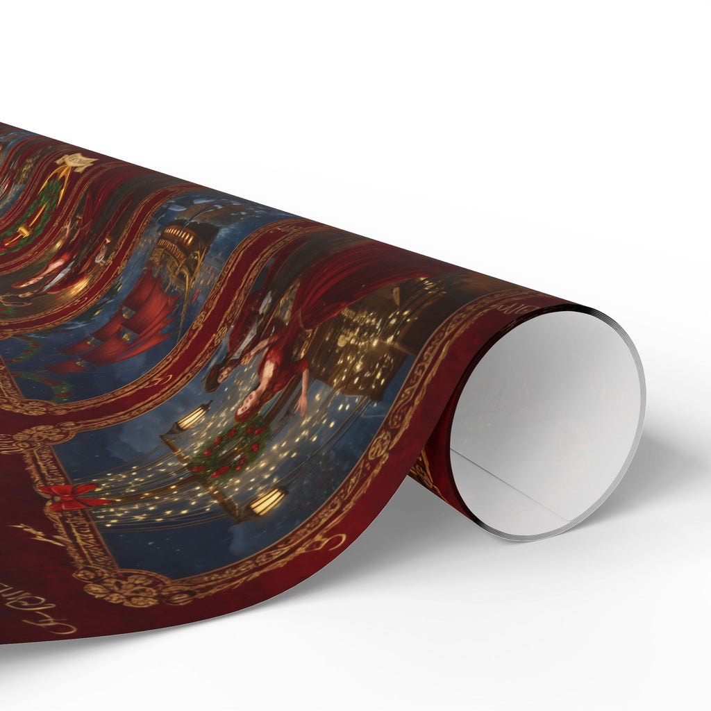 Wrapping Paper Roll — Vintage Holiday Sleigh & Ornament Pattern (Red & Gold)