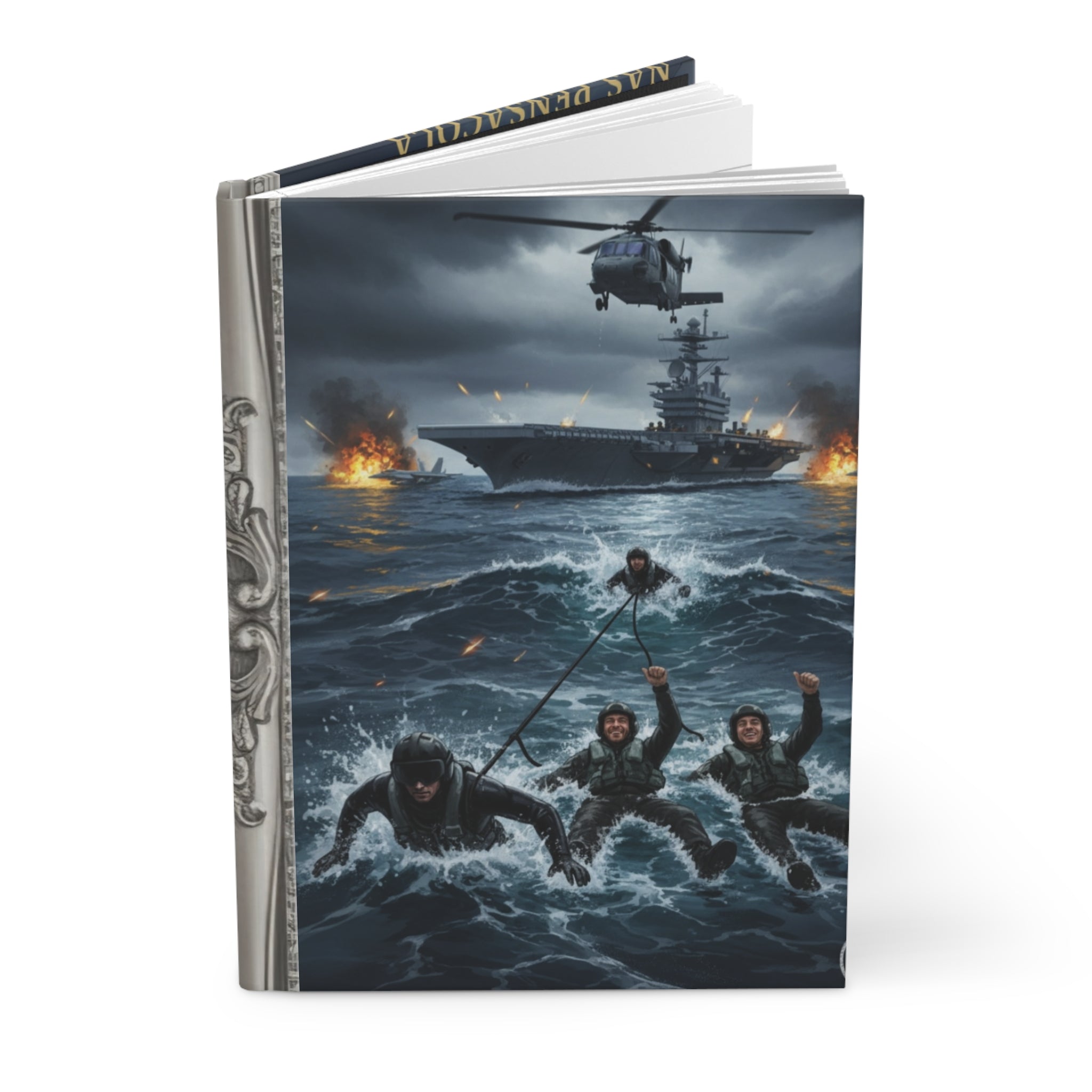 Naval Rescue Hardcover Journal — Military Helicopter & Ship Sea Rescue Scene