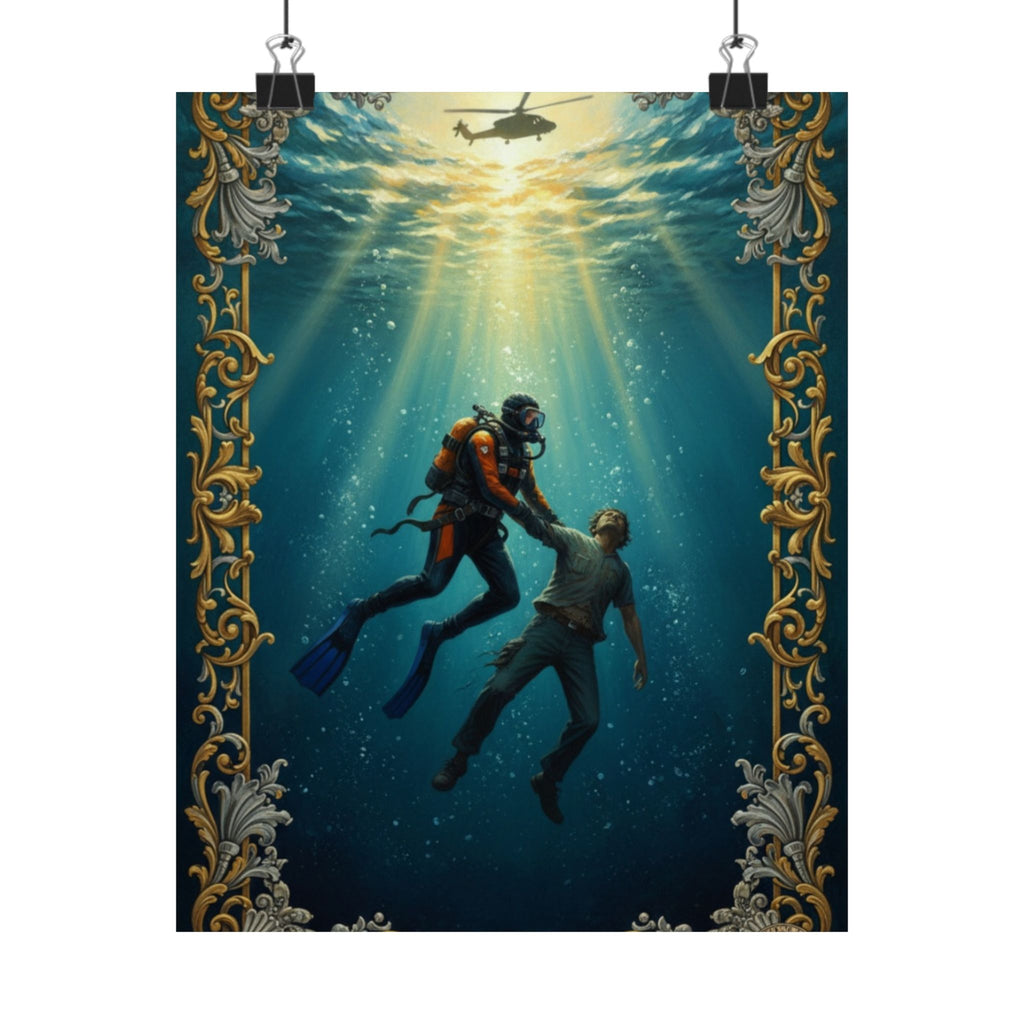 Underwater Rescue Poster — Diver & Child Matte Vertical Art Print