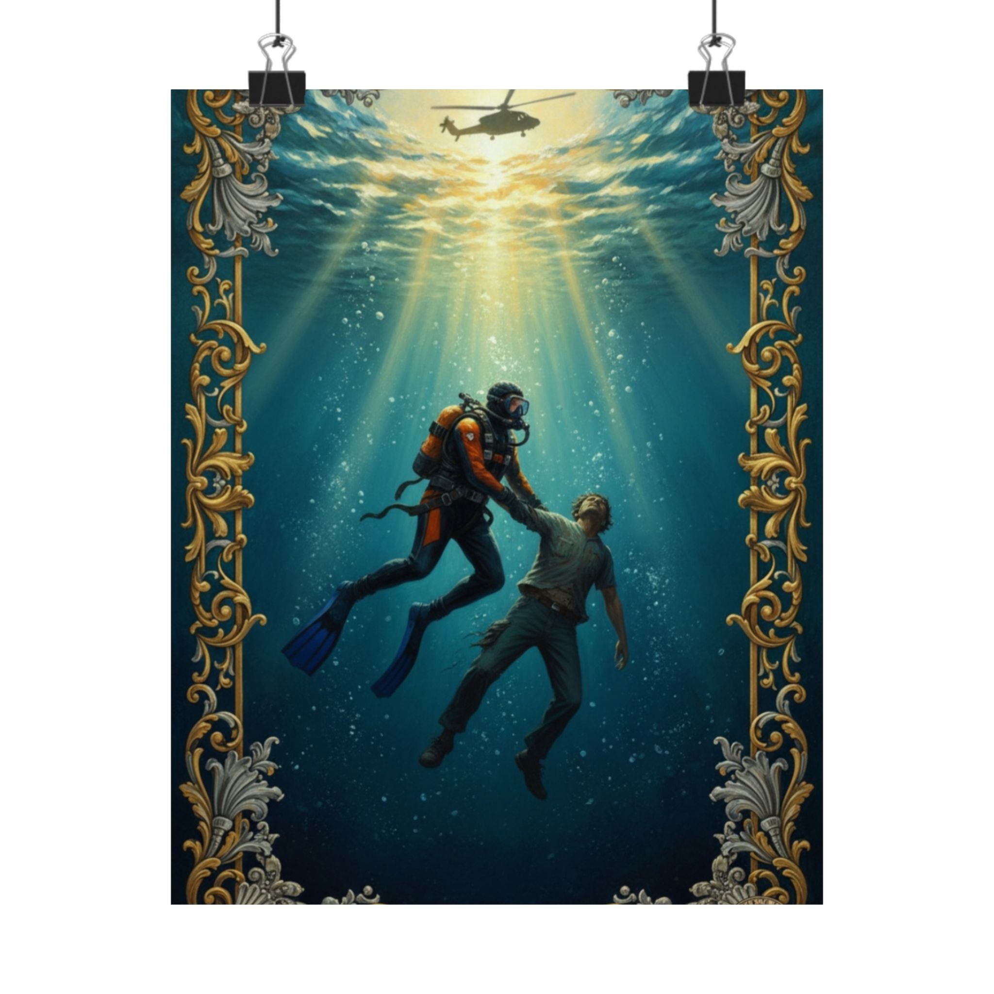 Underwater Rescue Poster — Diver & Child Matte Vertical Art Print