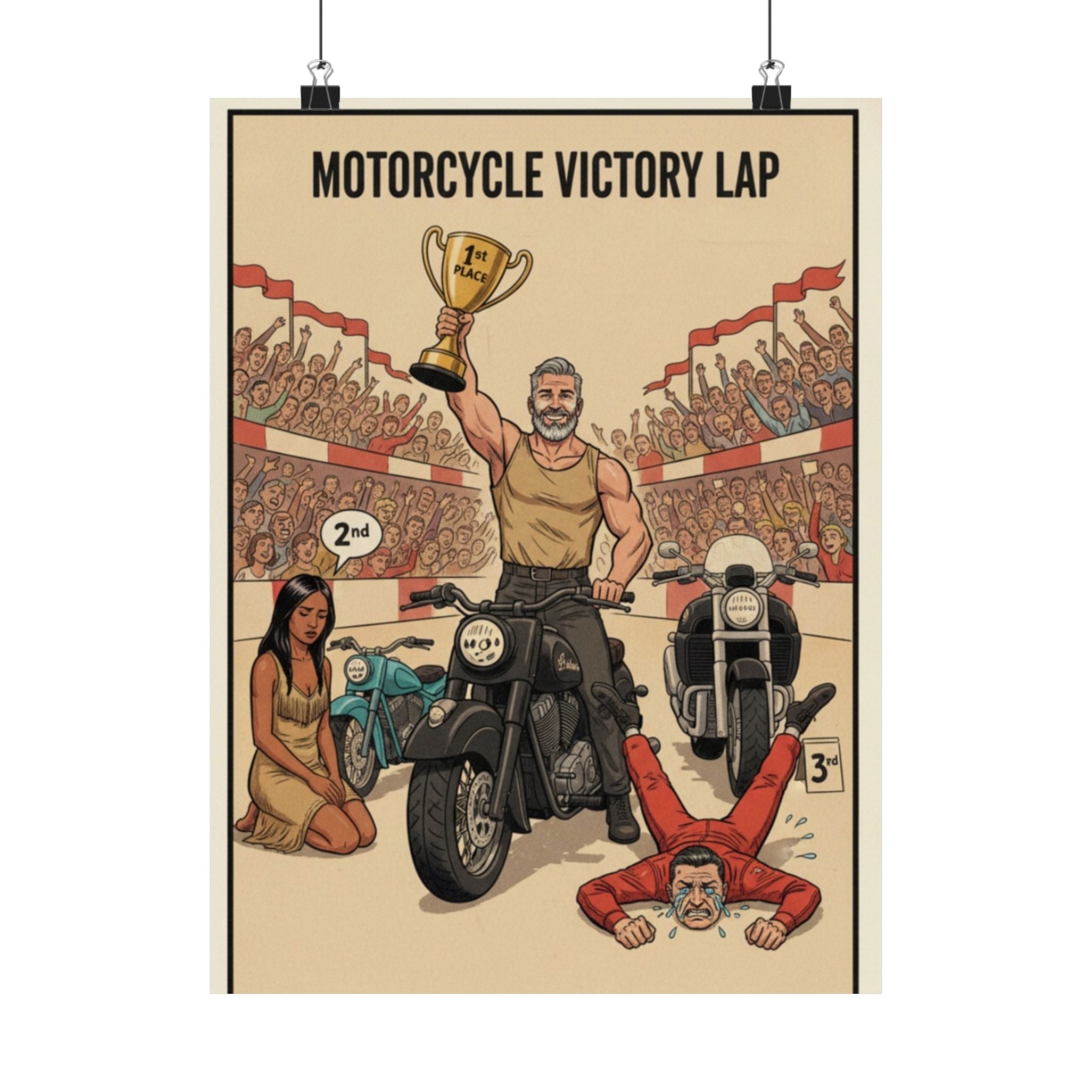 Motorcycle Victory Lap Poster — Retro Biker Triumph Matte Vertical Art
