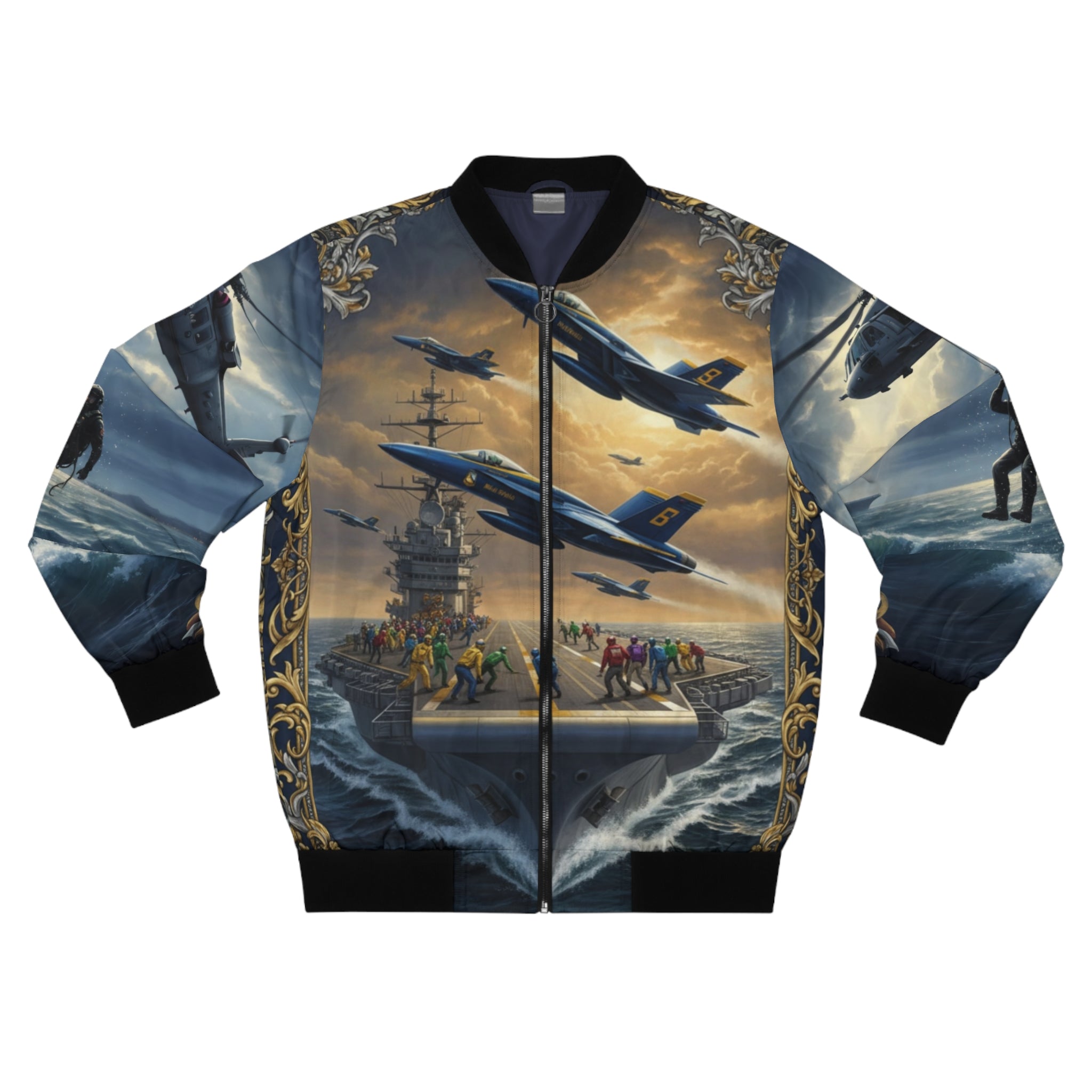 NAS Pensacola Military Bomber Jacket — Rescue Helicopter & Fighter Jet Design