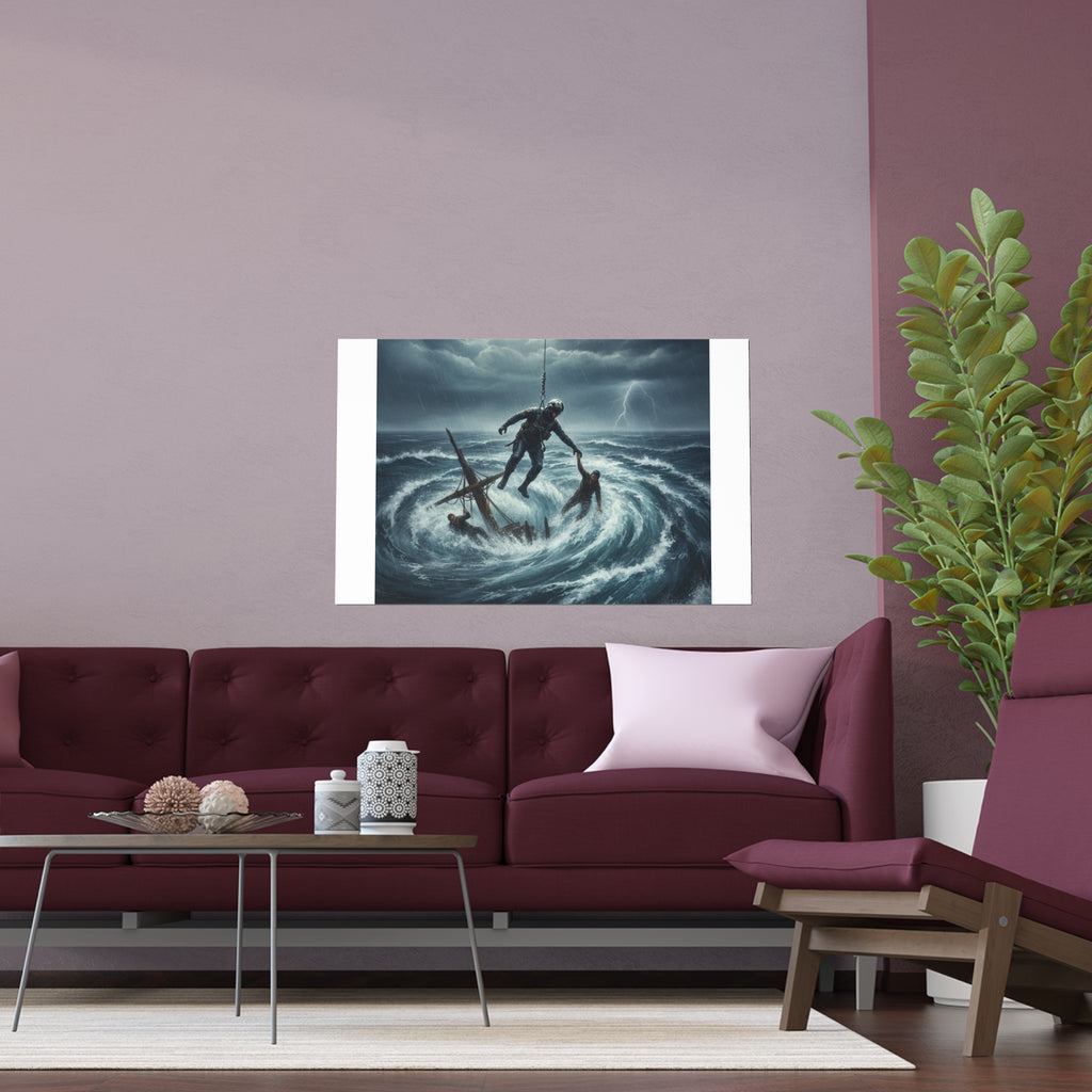 Stormy Sea Silk Poster — Dramatic Sailor Rescue Wall Art (Indoor/Outdoor)