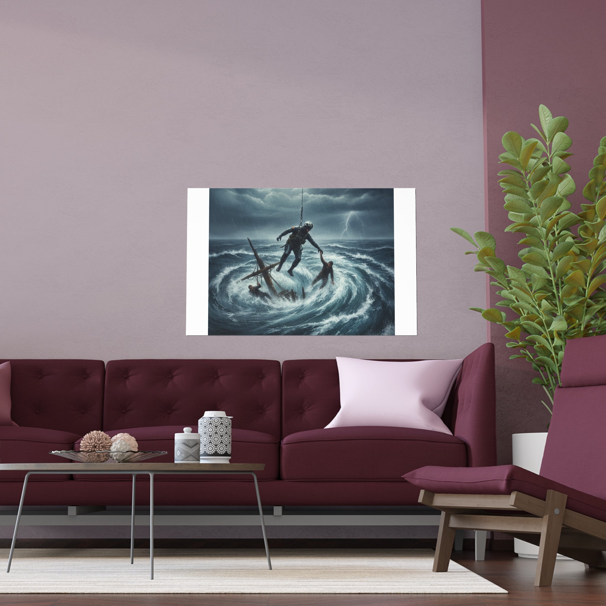 Stormy Sea Silk Poster — Dramatic Sailor Rescue Wall Art (Indoor/Outdoor)