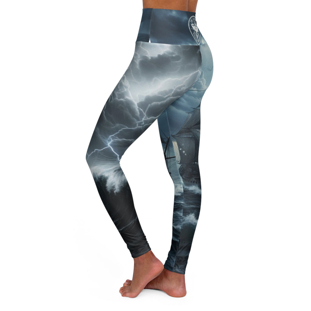 Stormy Seas High-Waist Yoga Leggings — Nautical Ship & Clouds Print