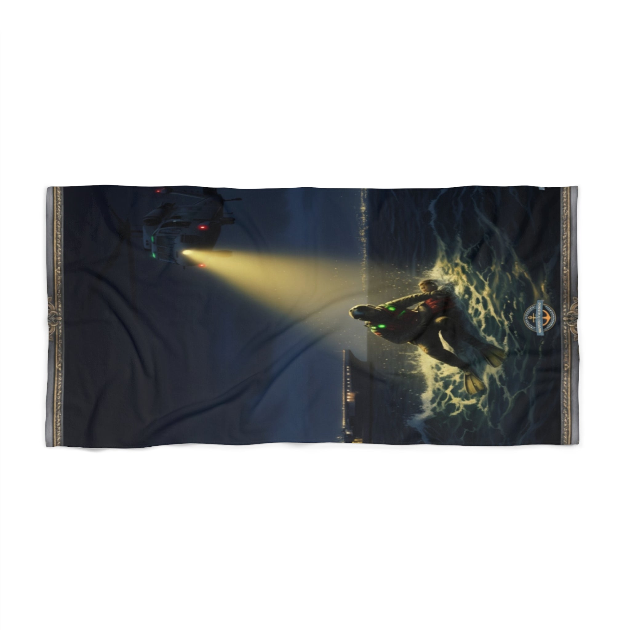 Rescue Diver Beach Towel — Night Sea Search & Lifeguard Spotlight Design