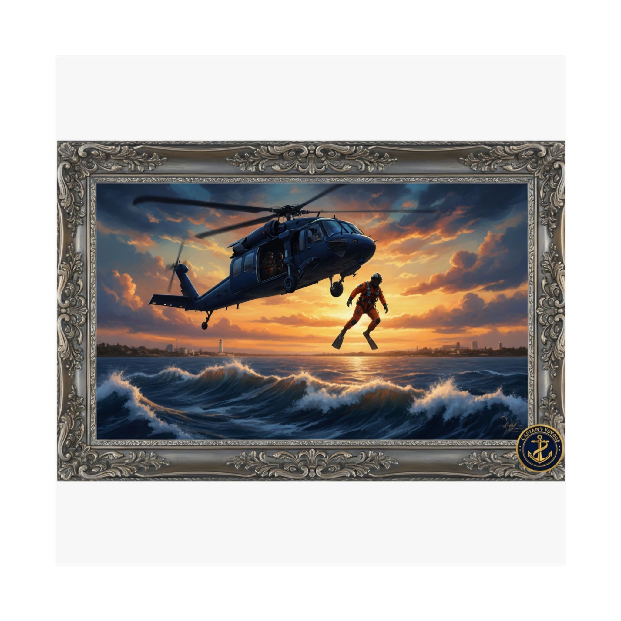 Rescue Helicopter Sunset Poster — Matte Vertical Aviation Wall Art