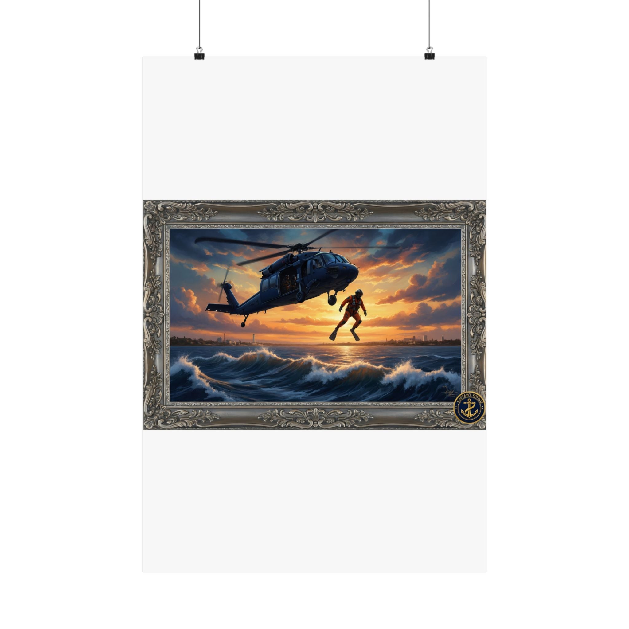 Rescue Helicopter Sunset Poster — Matte Vertical Aviation Wall Art