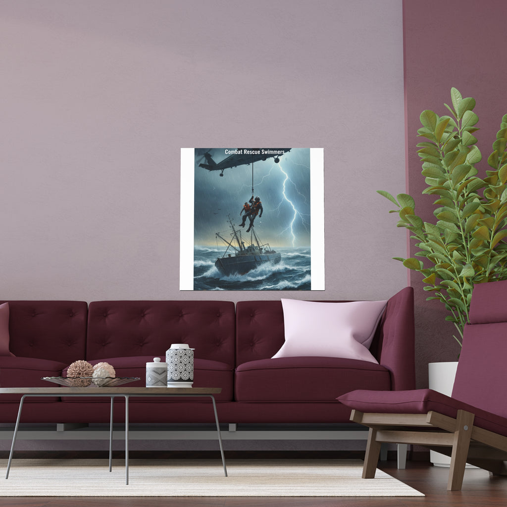 Rescue at Sea Silk Poster — Storm Helicopter Lifesaver Wall Art (Indoor/Outdoor)