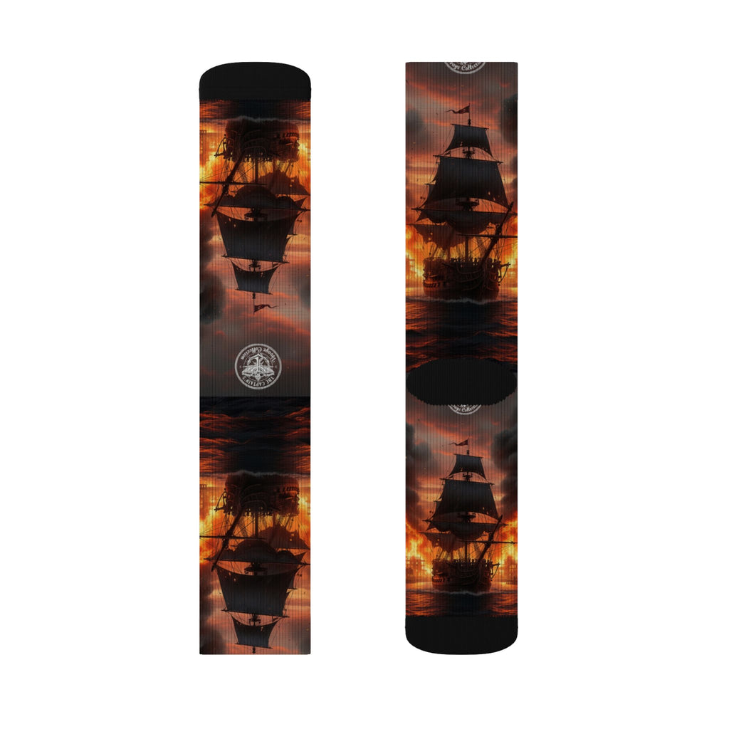 Pirate Ship Sunset Socks — Nautical Sailing Crew Socks with Dramatic Sunset Ship Silhouette