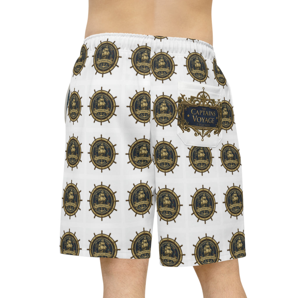 Nautical Captain’s Voyage Athletic Long Shorts — All-Over Ship Wheel Print