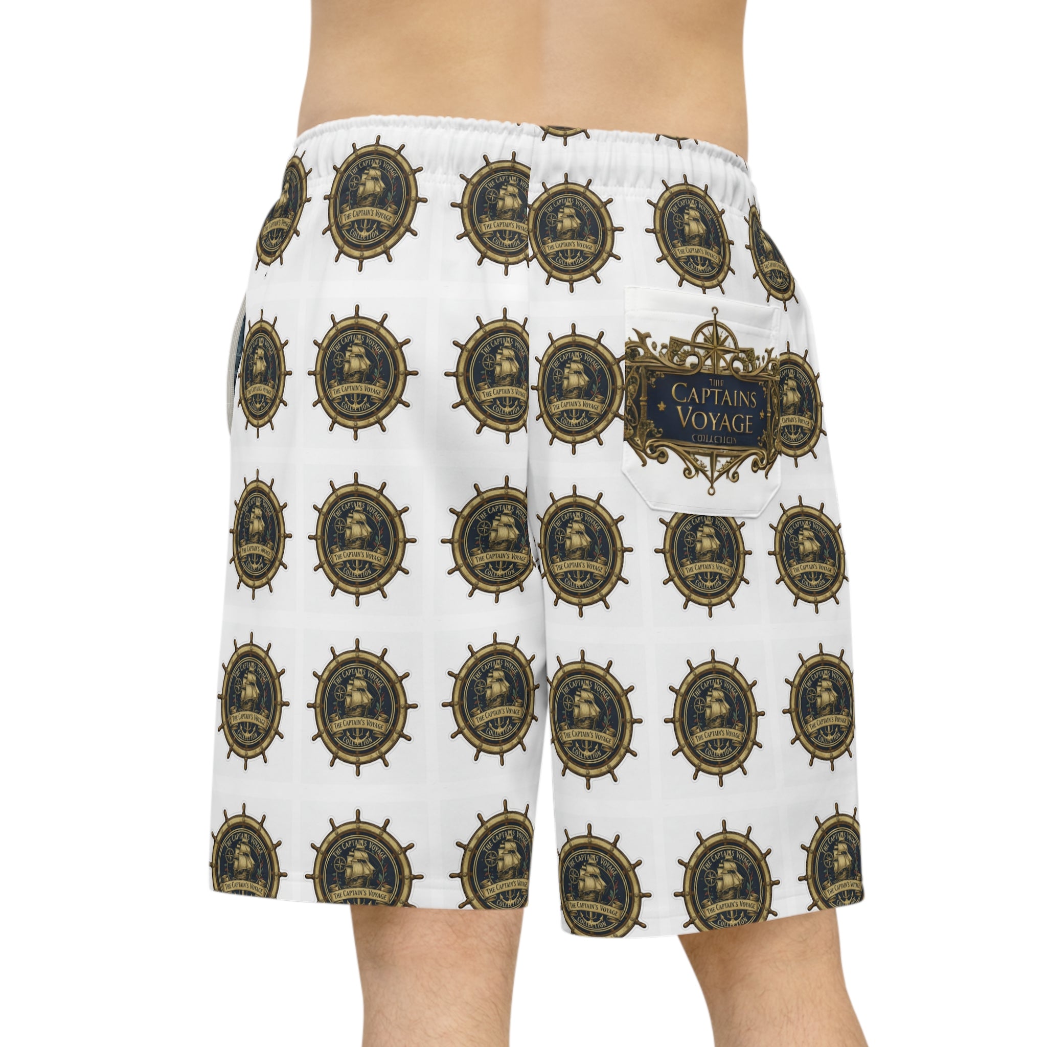 Nautical Captain’s Voyage Athletic Long Shorts — All-Over Ship Wheel Print