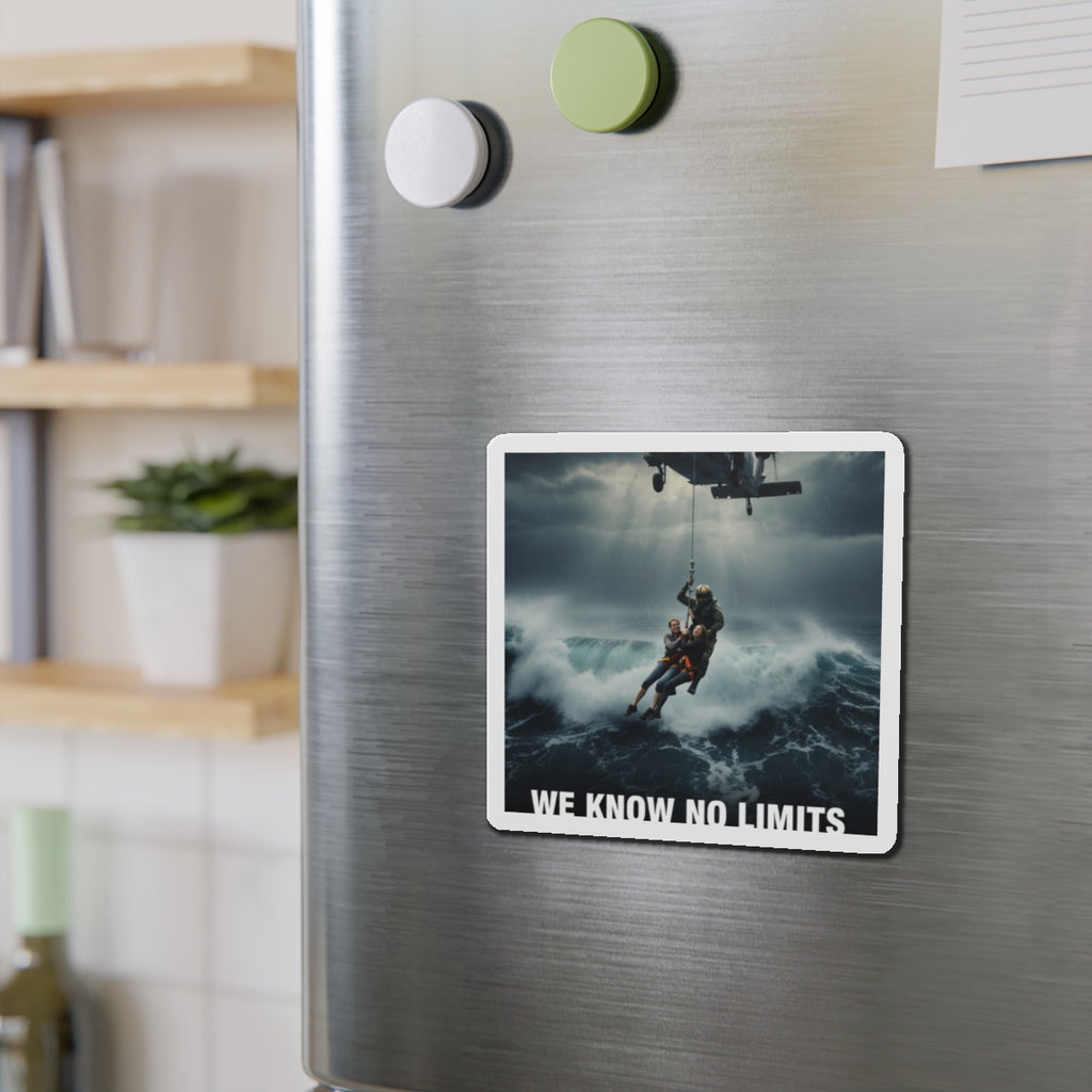 Rescue Helicopter Die-Cut Magnet — 'We Know No Limits' Ocean Rescue Design