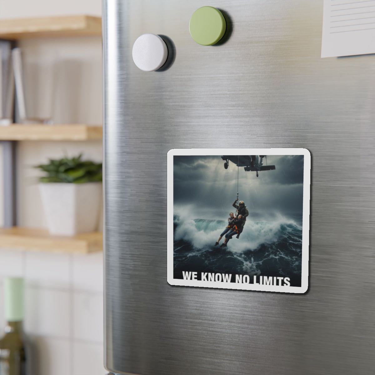 Rescue Helicopter Die-Cut Magnet — 'We Know No Limits' Ocean Rescue Design