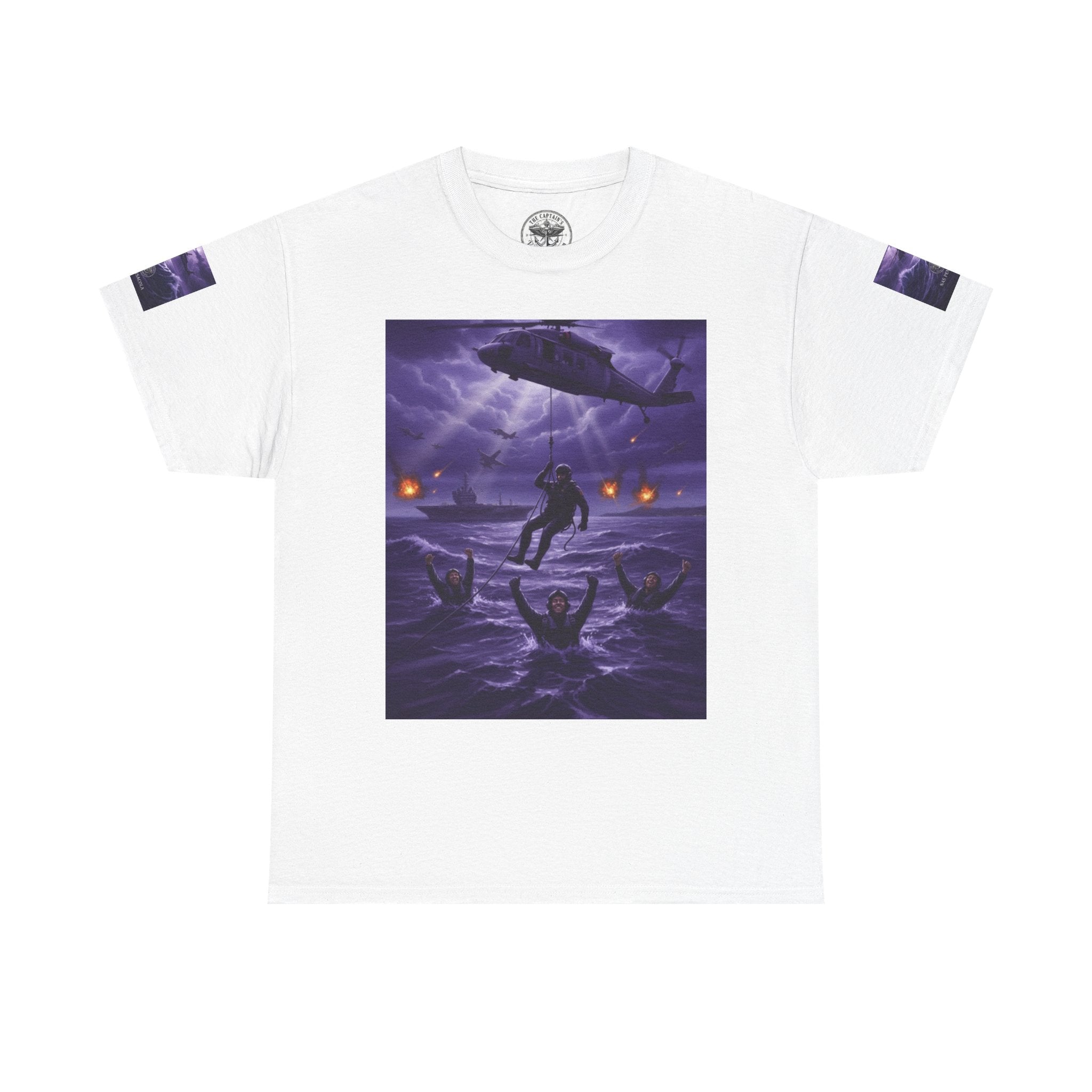 Rescue Night Tee — Purple Helicopter Sea Rescue Graphic T-Shirt