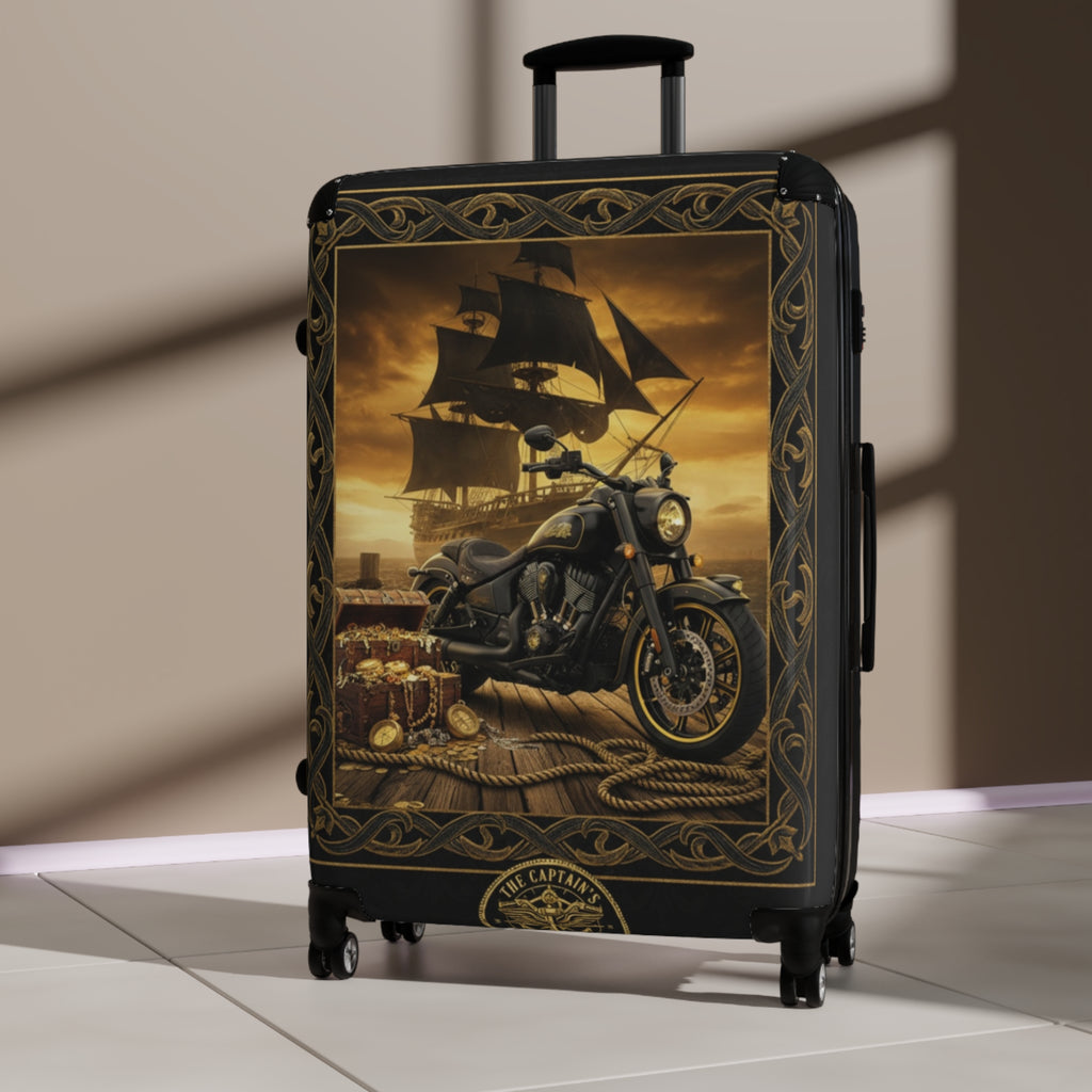 Vintage Pirate Ship & Motorcycle Suitcase – Travel Carry-On with Nautical Adventure Design