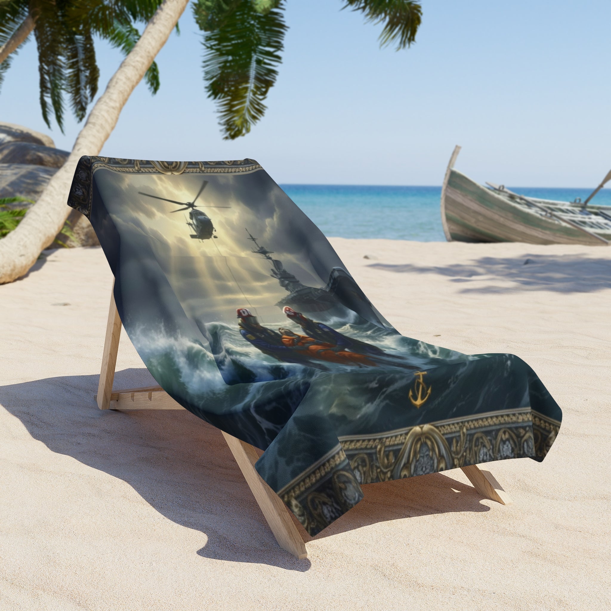 Nautical Rescue Beach Towel — Stormy Sea Lifeboat Design