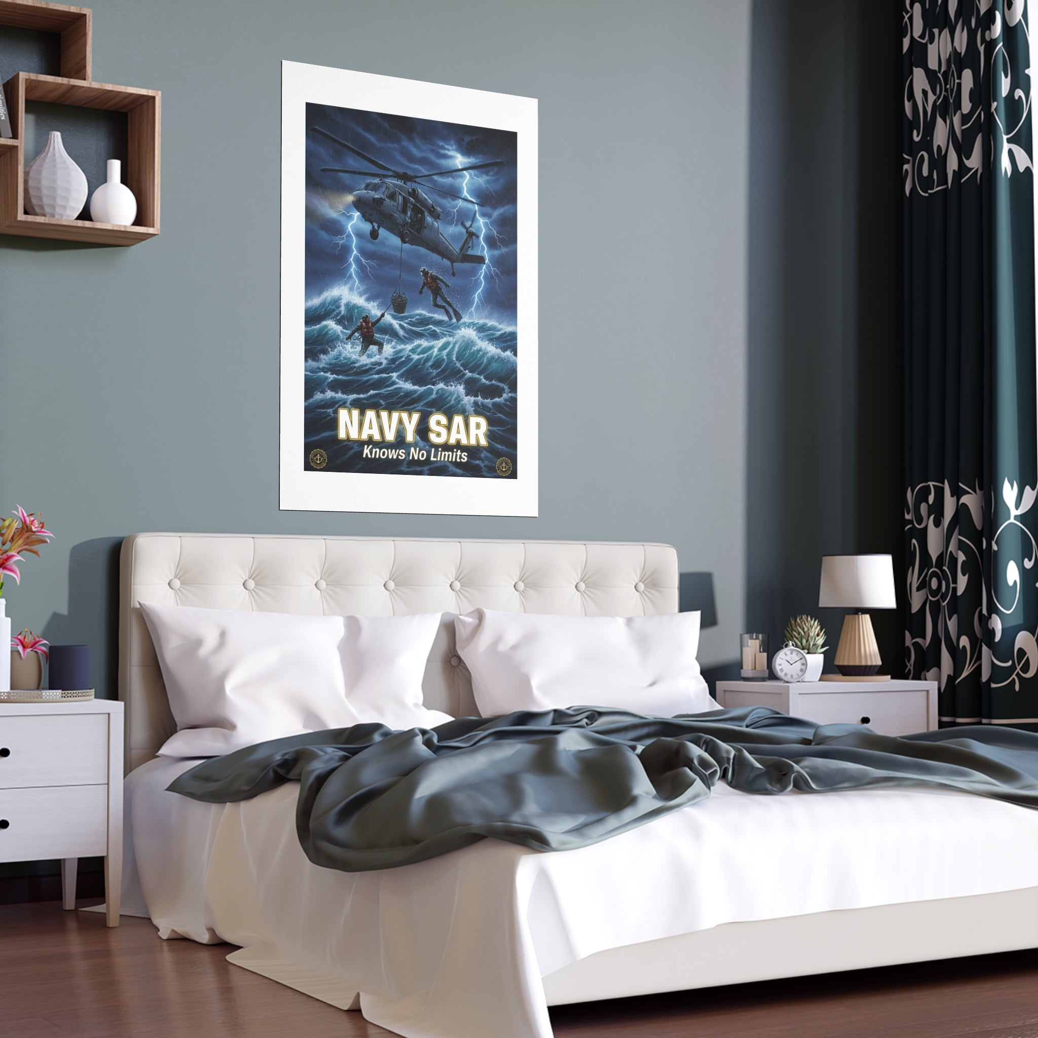 Navy SAR Silk Poster — "Knows No Limits" Rescue Helicopter Art (Indoor/Outdoor)