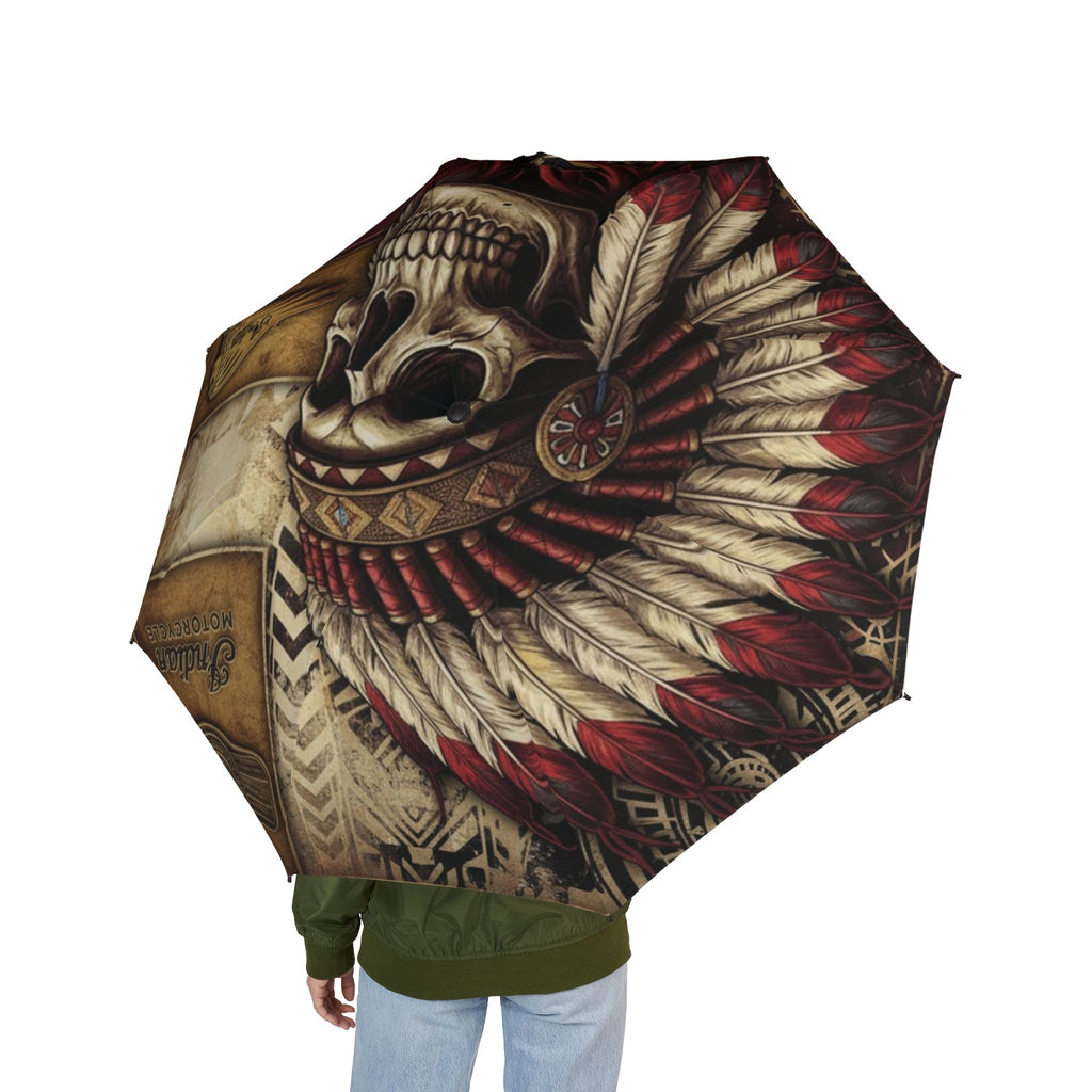 Skull & Feather Headdress Foldable Umbrella — Semi-Automatic Tribal Skull Rain Umbrella