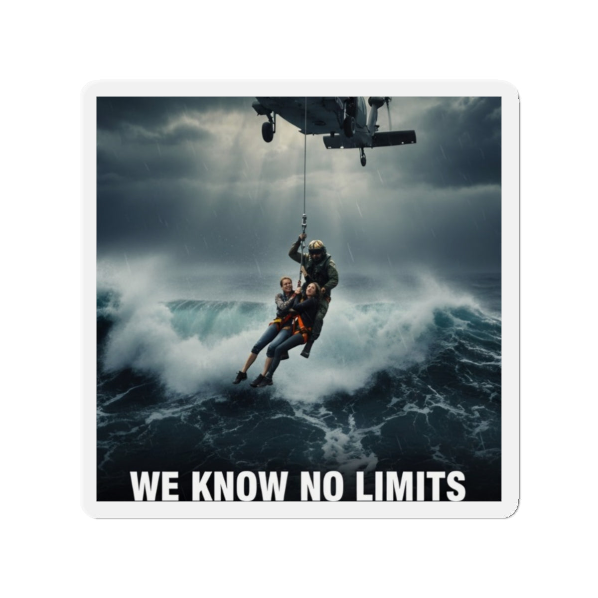 Rescue Helicopter Die-Cut Magnet — 'We Know No Limits' Ocean Rescue Design