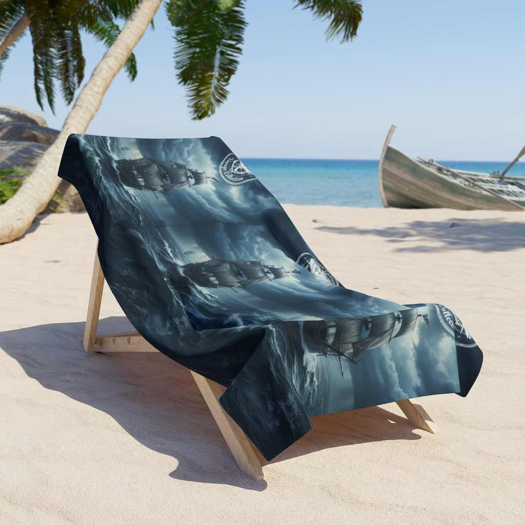 Nautical Storm Ship Beach Towel — Dark Sailing Voyage Design
